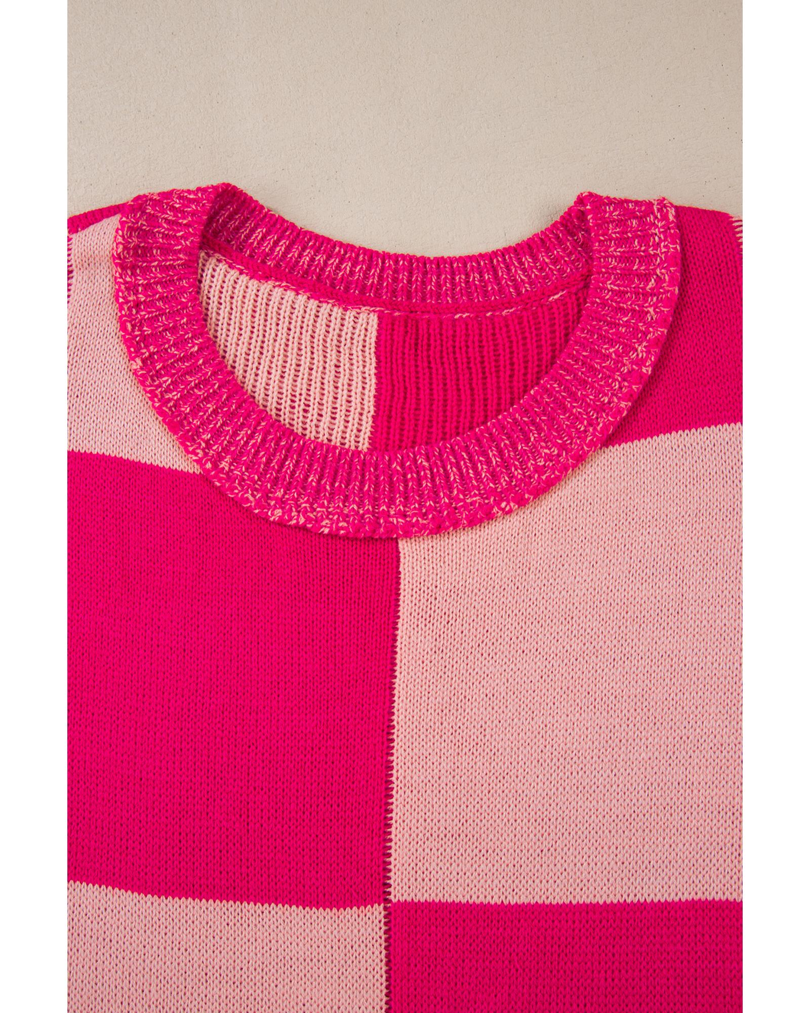 Rose Red Mixed Checkered Pattern Drop Shoulder Loose Sweater - XL 3