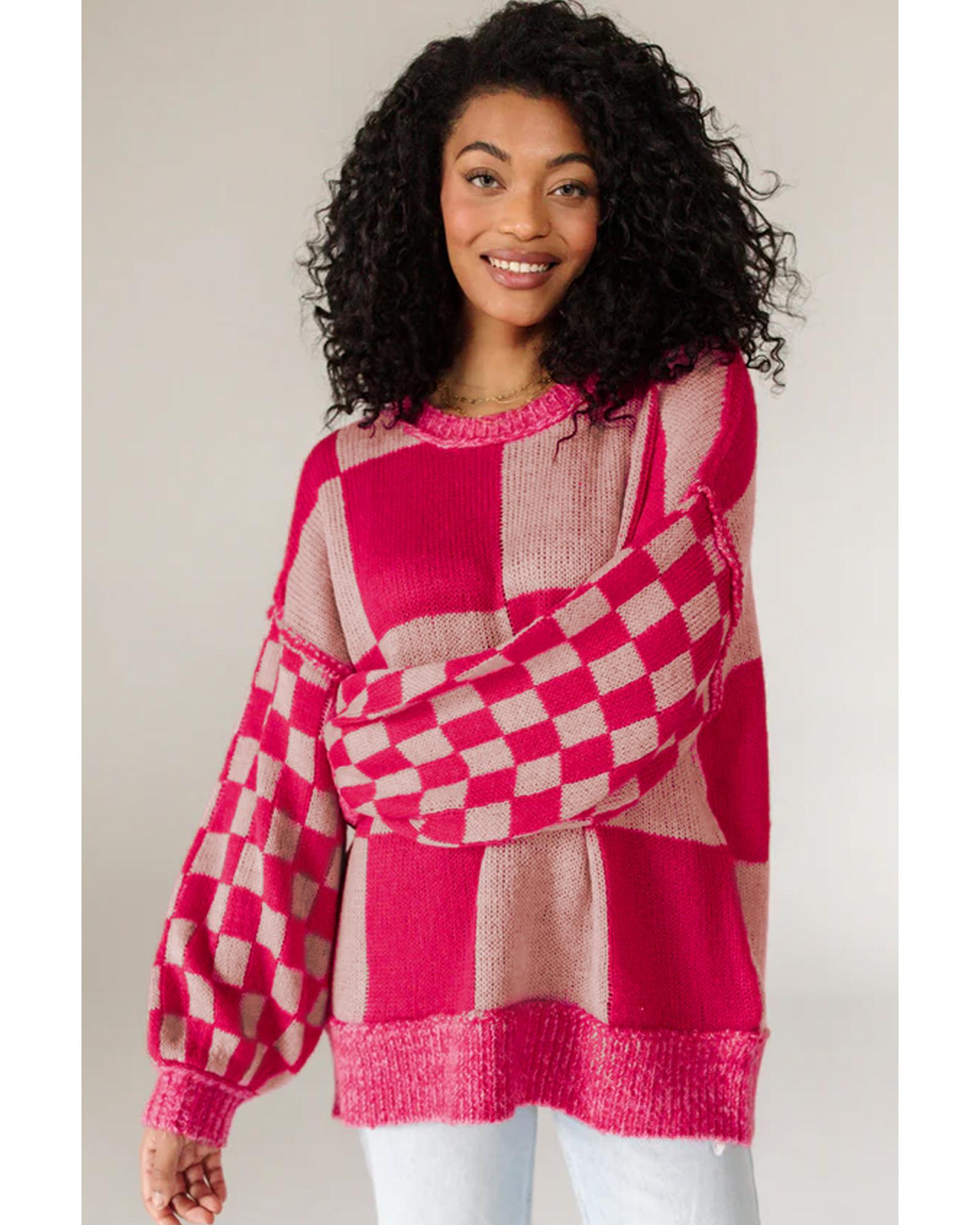 Rose Red Mixed Checkered Pattern Drop Shoulder Loose Sweater - XL 4