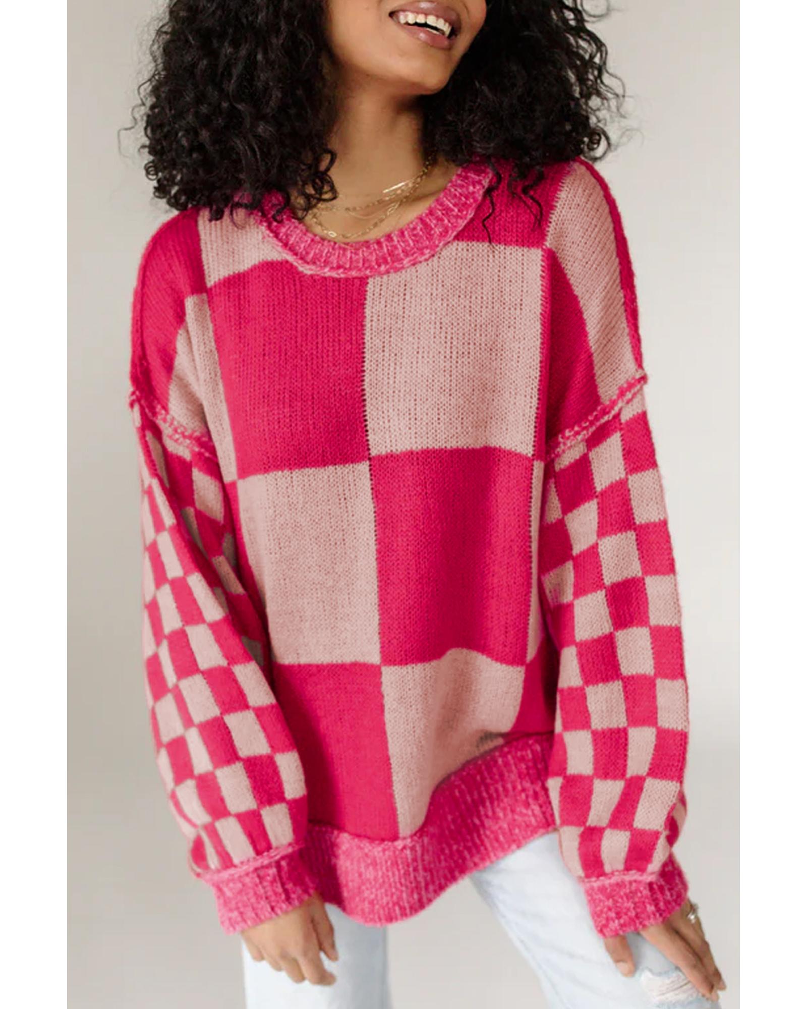 Rose Red Mixed Checkered Pattern Drop Shoulder Loose Sweater - XL 5