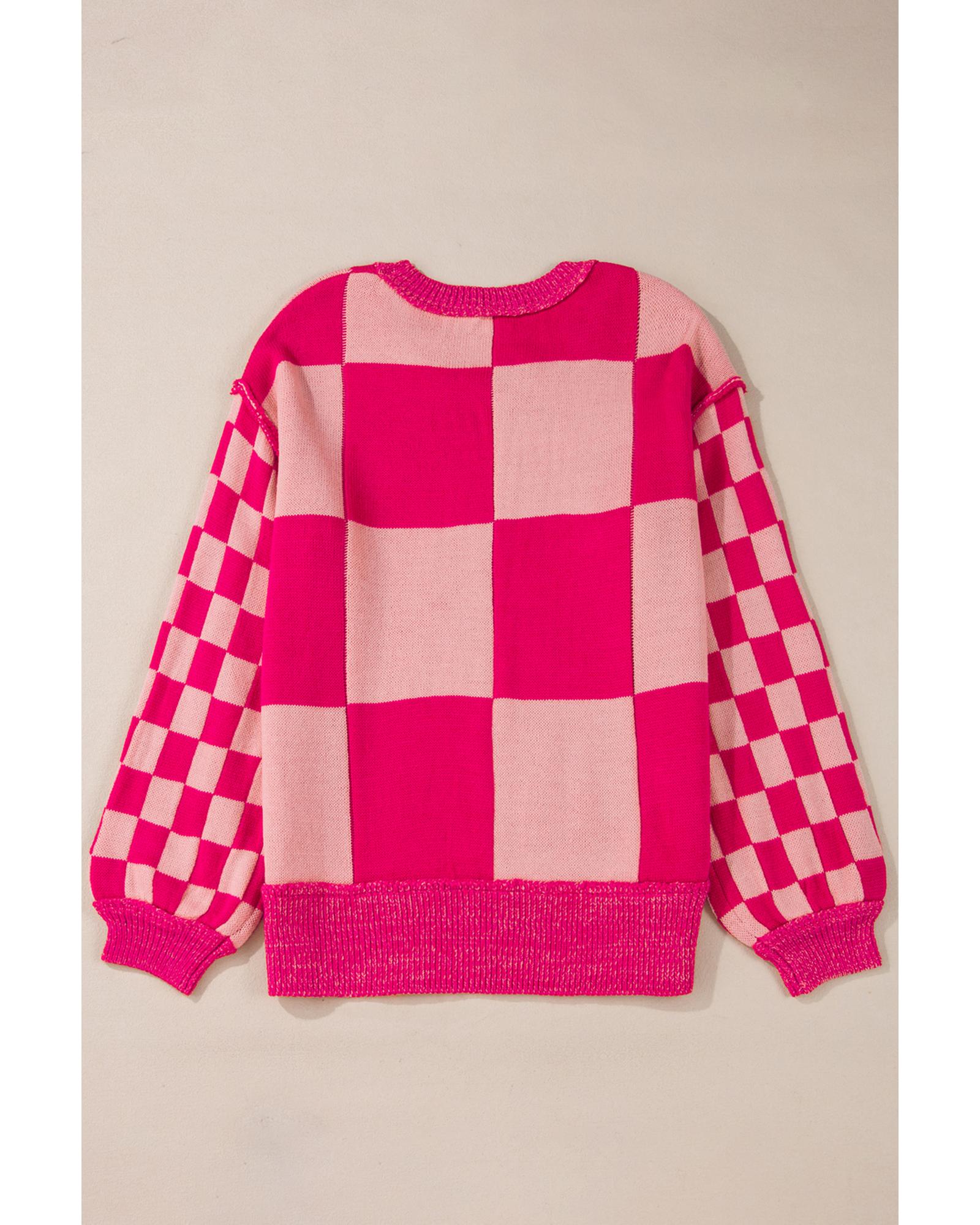 Rose Red Mixed Checkered Pattern Drop Shoulder Loose Sweater - XL 6