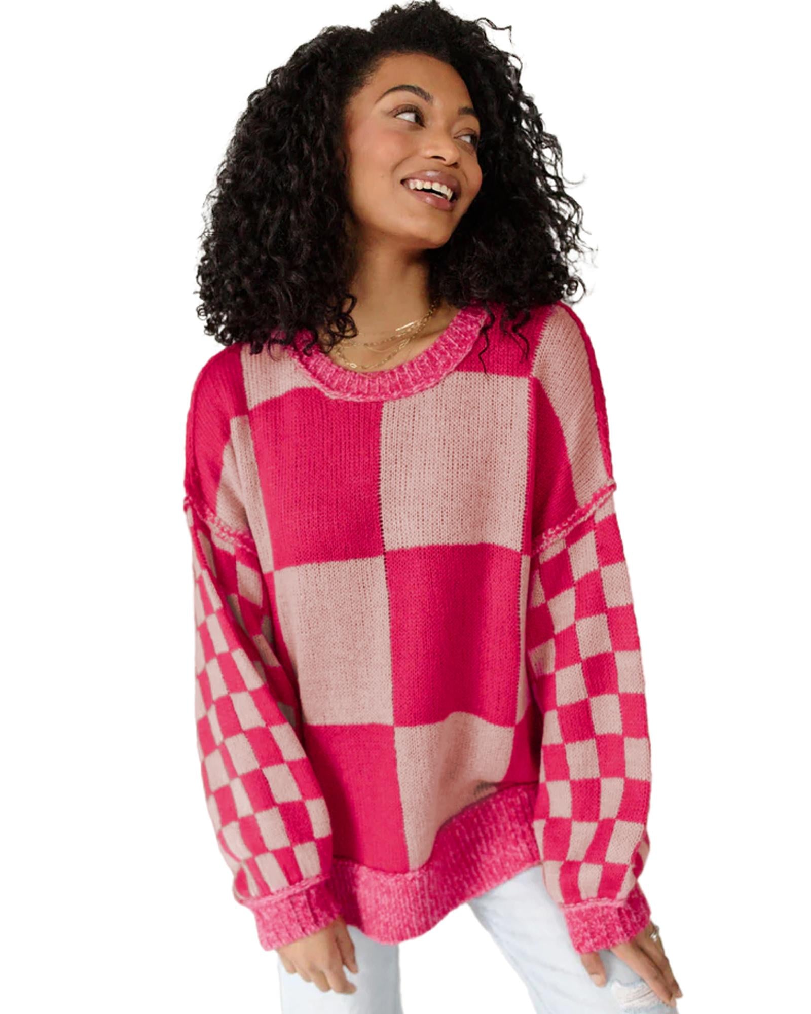 Rose Red Mixed Checkered Pattern Drop Shoulder Loose Sweater - XL 7