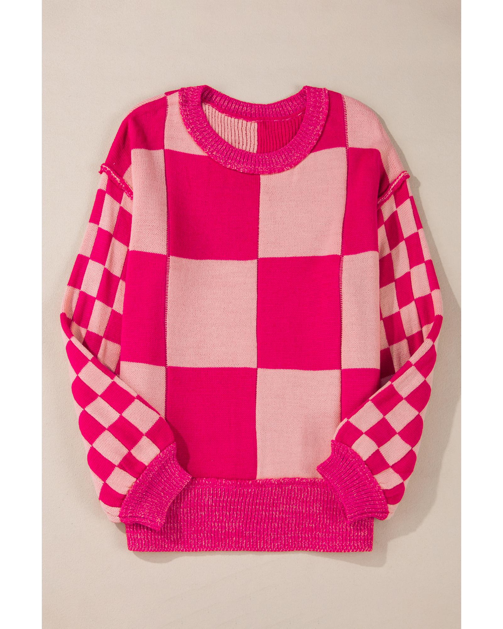 Rose Red Mixed Checkered Pattern Drop Shoulder Loose Sweater - XL 8