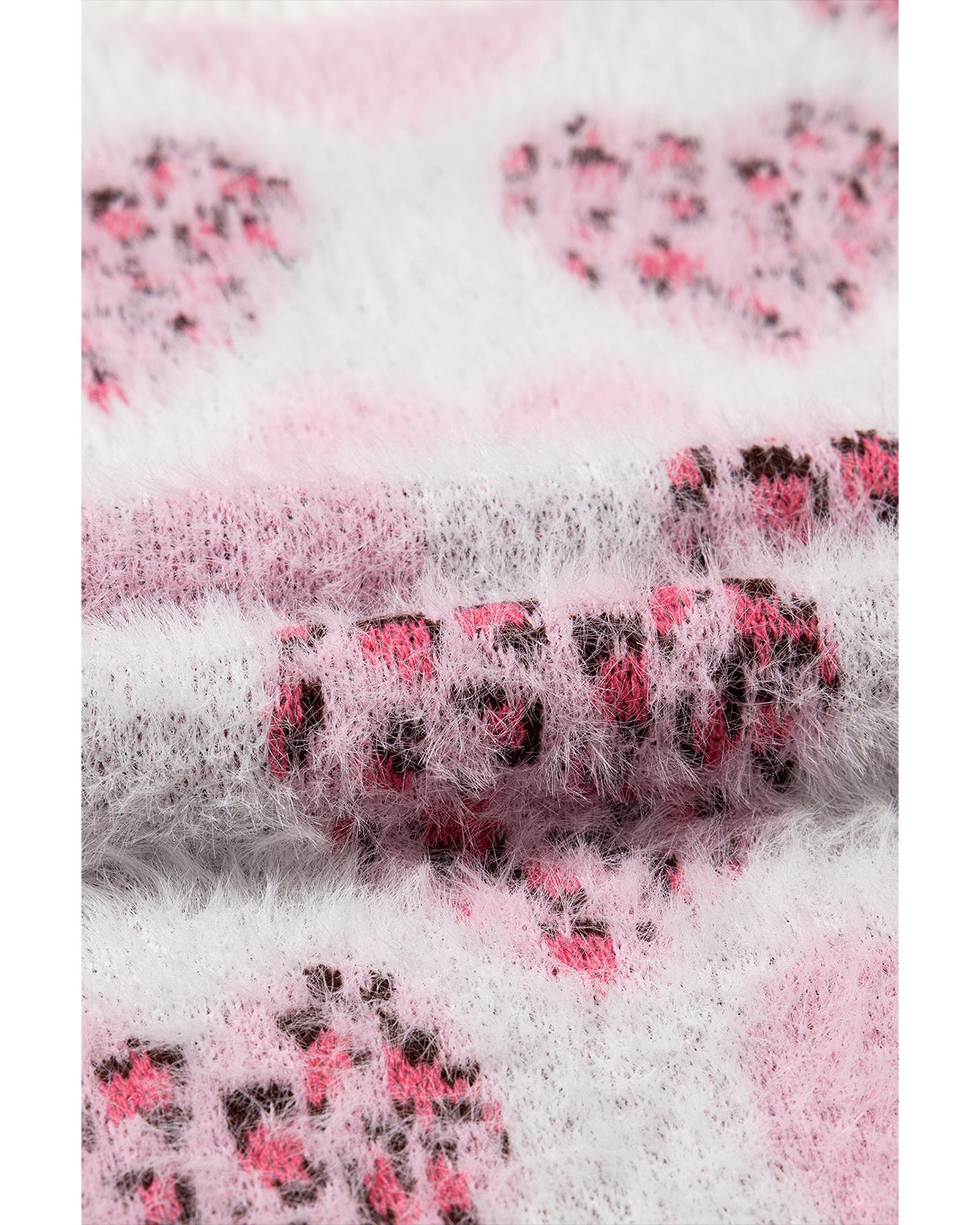 Pink Heart Leopard Print Pearled Ribbed Trim Fuzzy Sweater - L 4