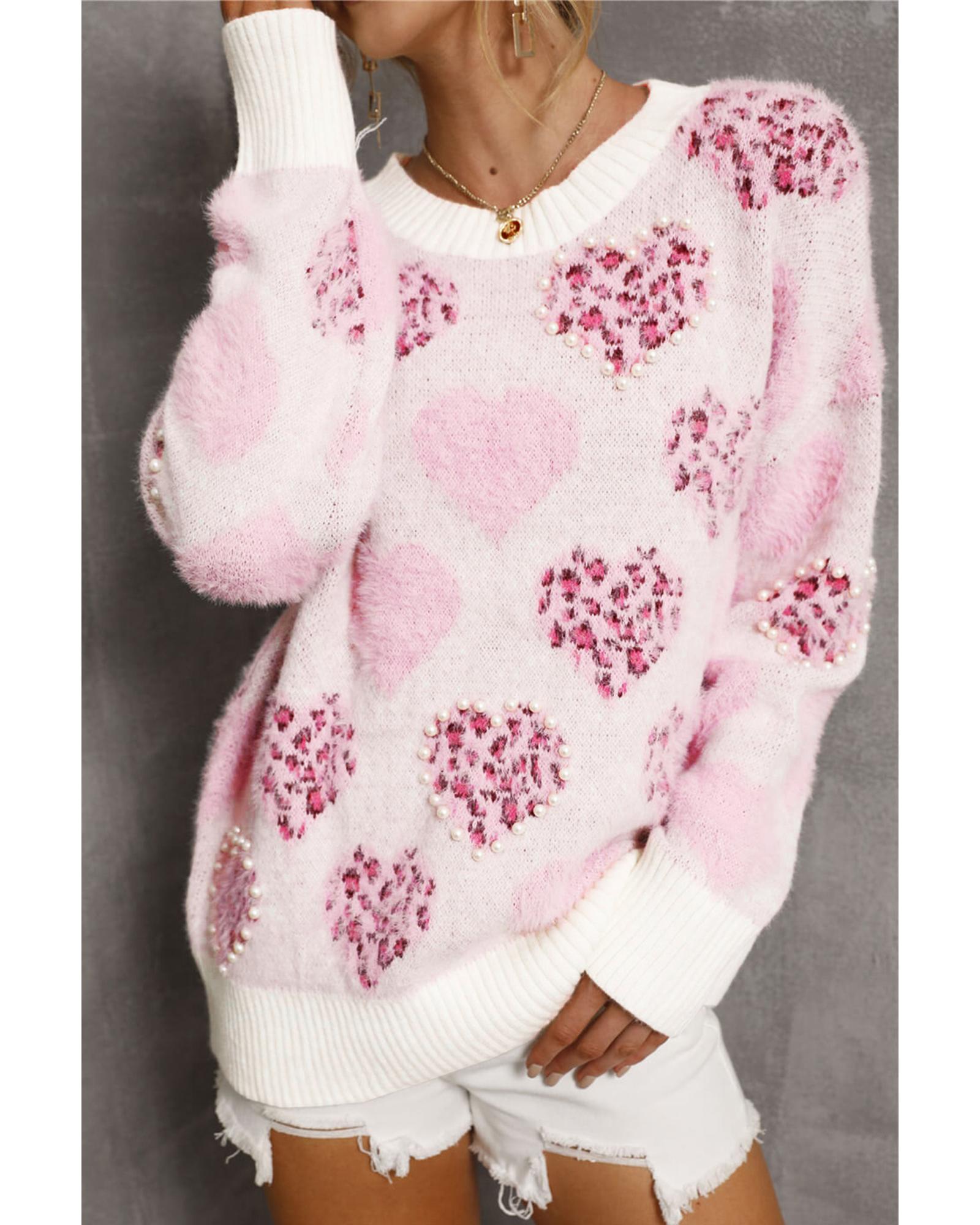 Pink Heart Leopard Print Pearled Ribbed Trim Fuzzy Sweater - M 5
