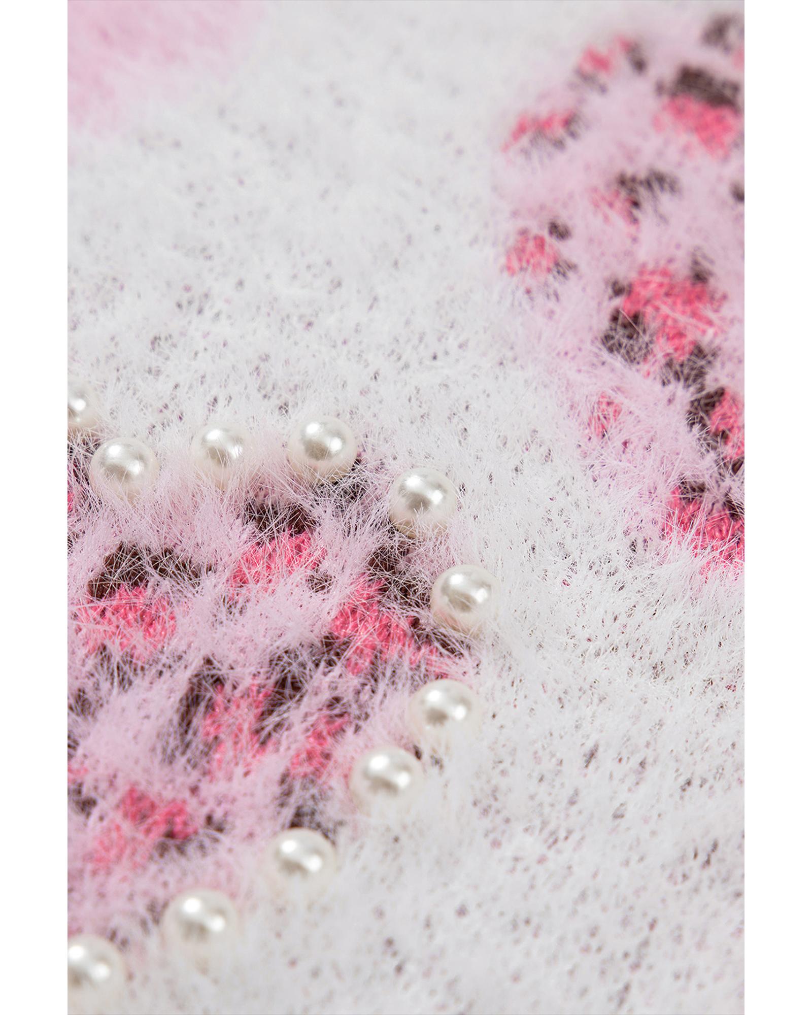 Pink Heart Leopard Print Pearled Ribbed Trim Fuzzy Sweater - S 8