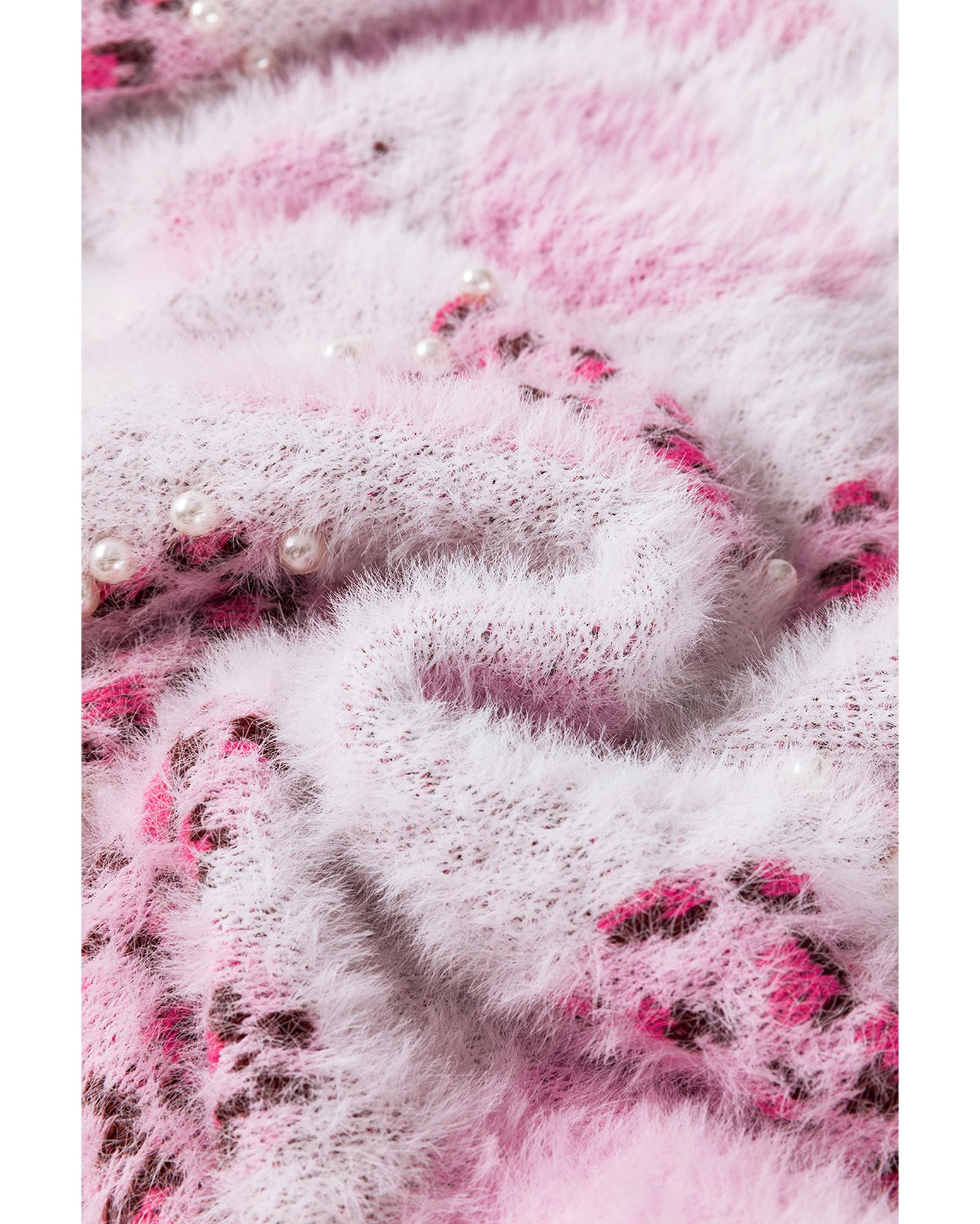 Pink Heart Leopard Print Pearled Ribbed Trim Fuzzy Sweater - XL