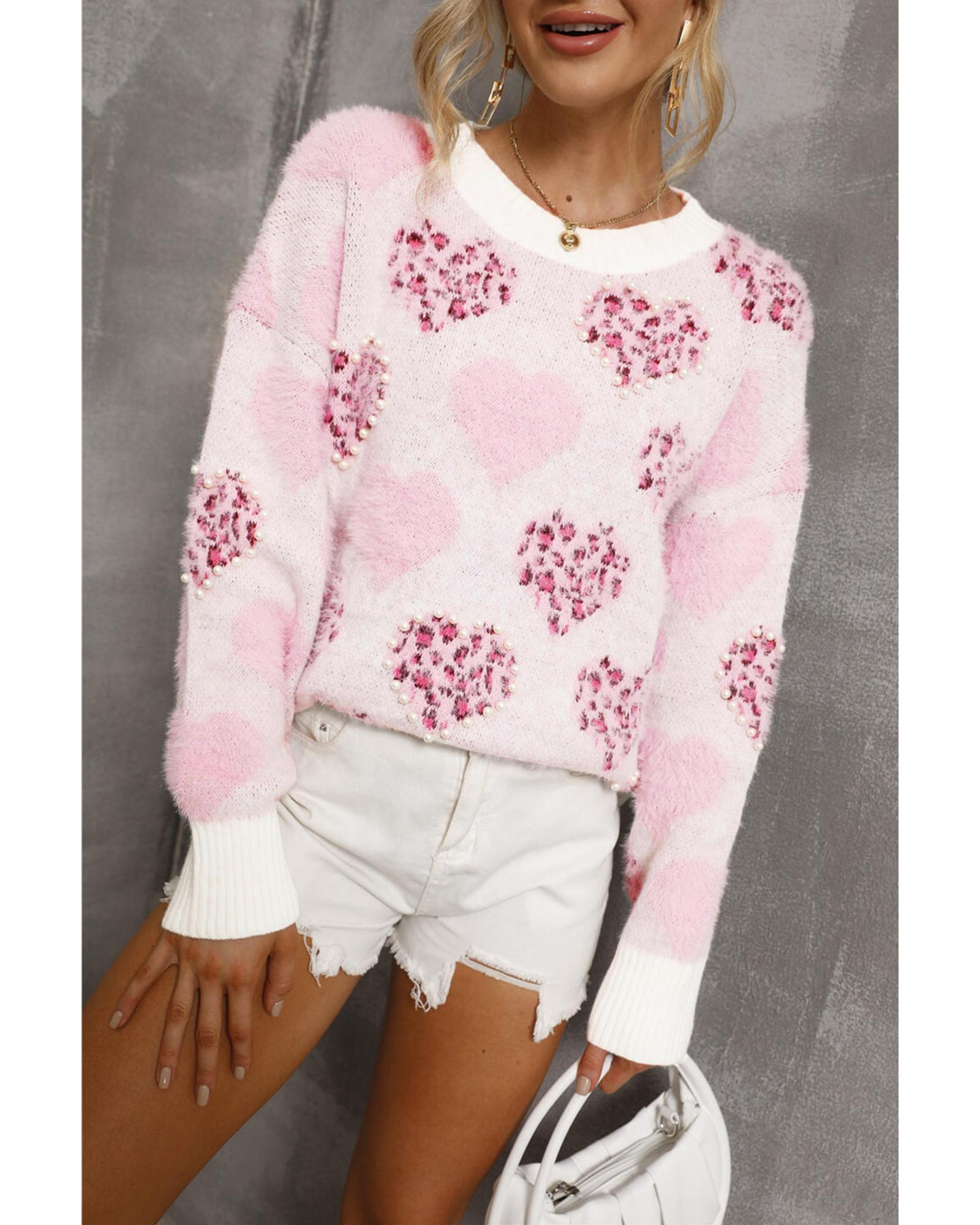 Pink Heart Leopard Print Pearled Ribbed Trim Fuzzy Sweater - XL
