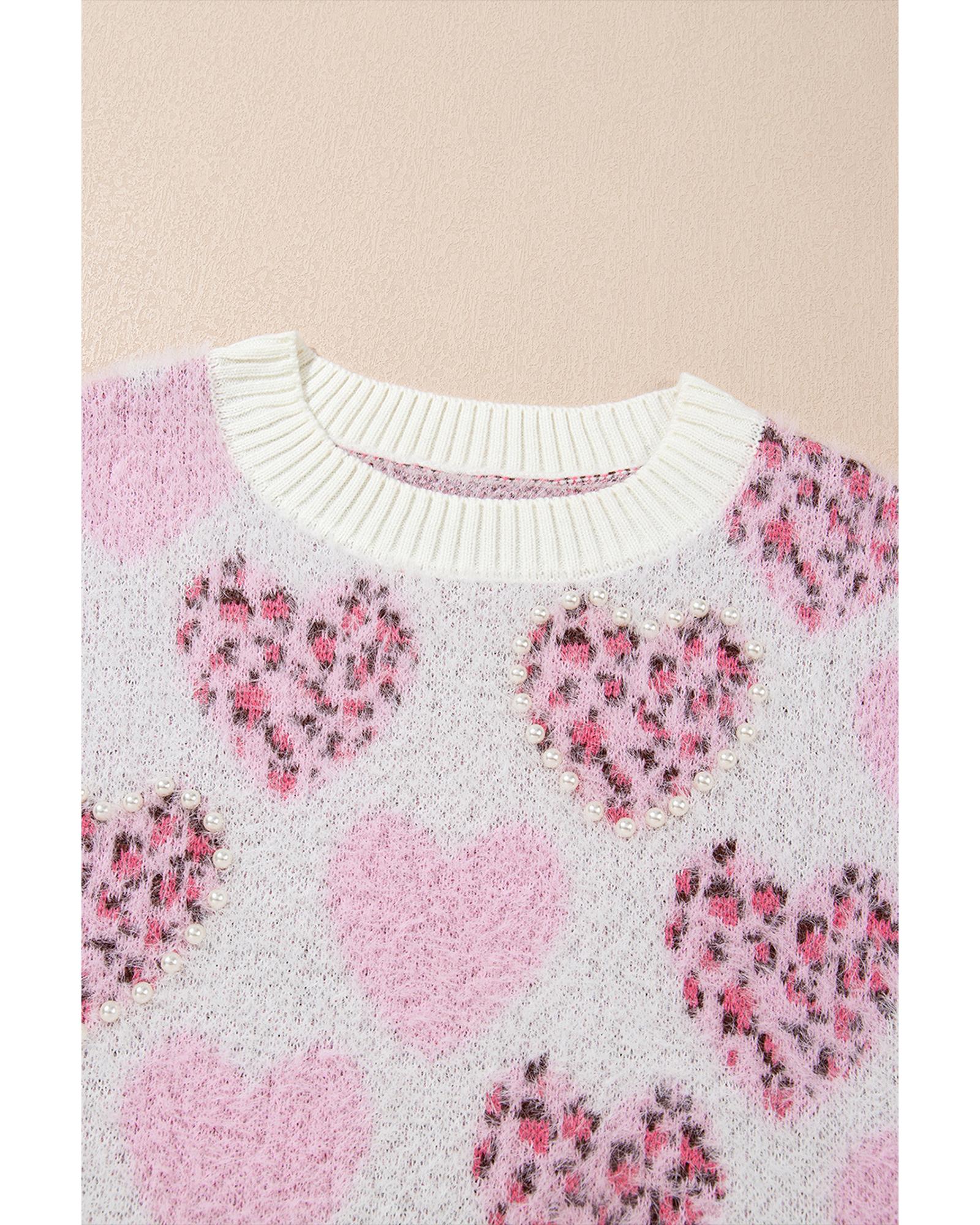 Pink Heart Leopard Print Pearled Ribbed Trim Fuzzy Sweater - XL 3