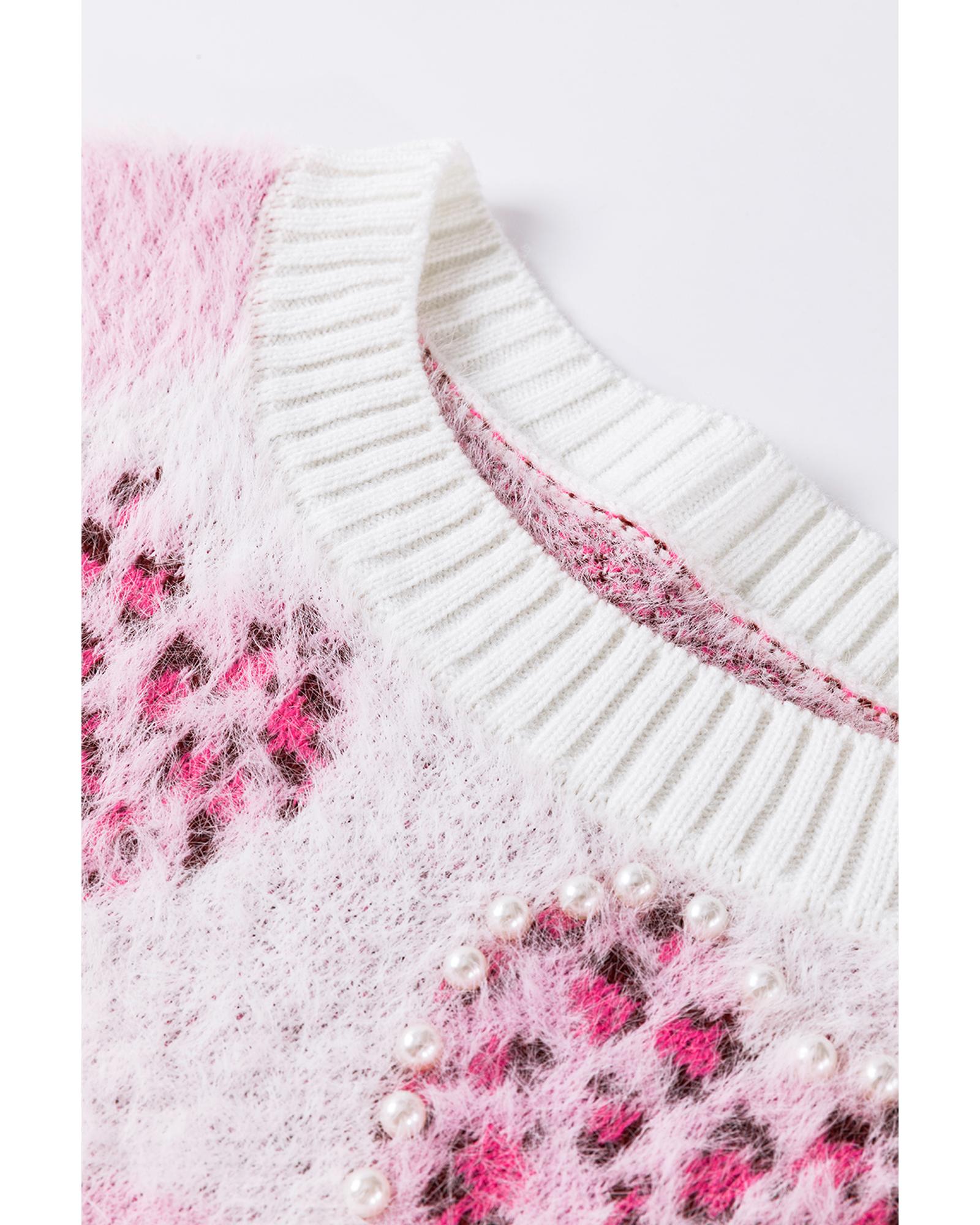 Pink Heart Leopard Print Pearled Ribbed Trim Fuzzy Sweater - XL 7