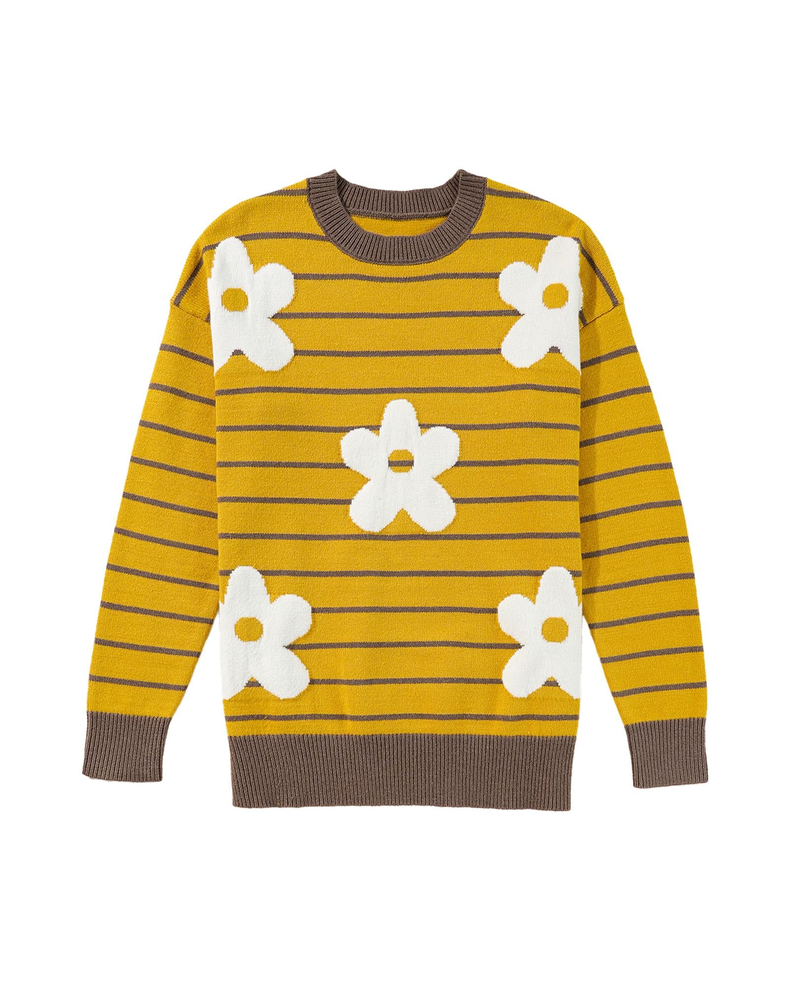 Yellow Stripe Daisy Floral Knitted Round Neck Sweater - L