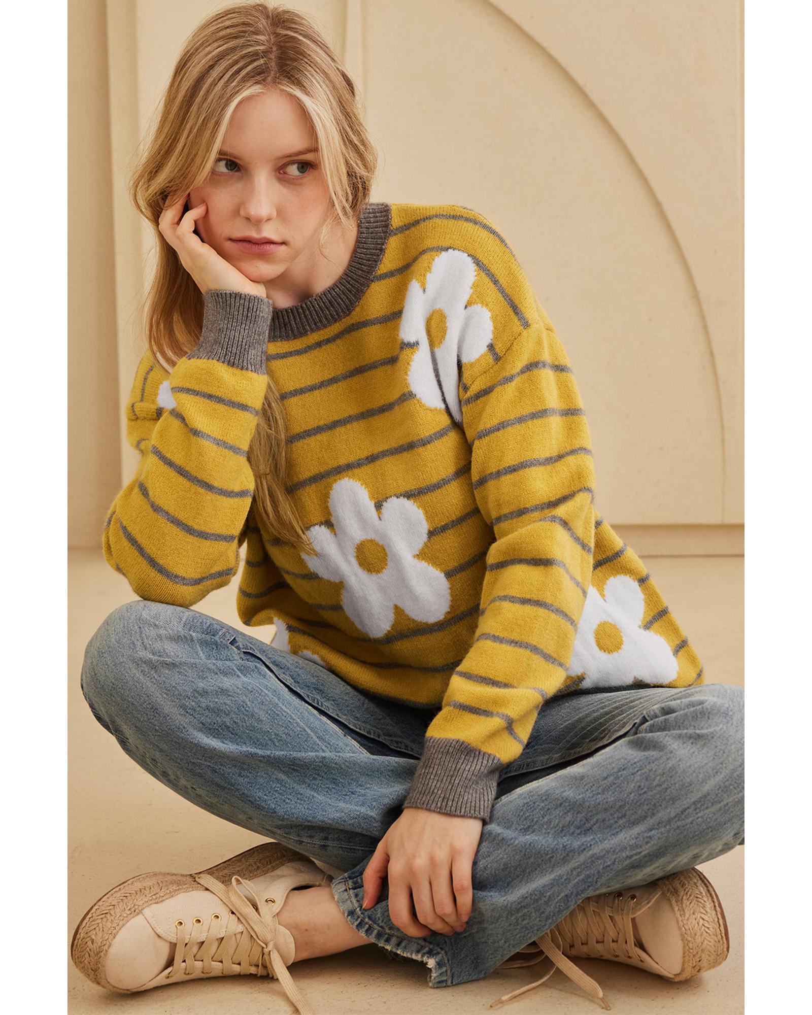 Yellow Stripe Daisy Floral Knitted Round Neck Sweater - S 3