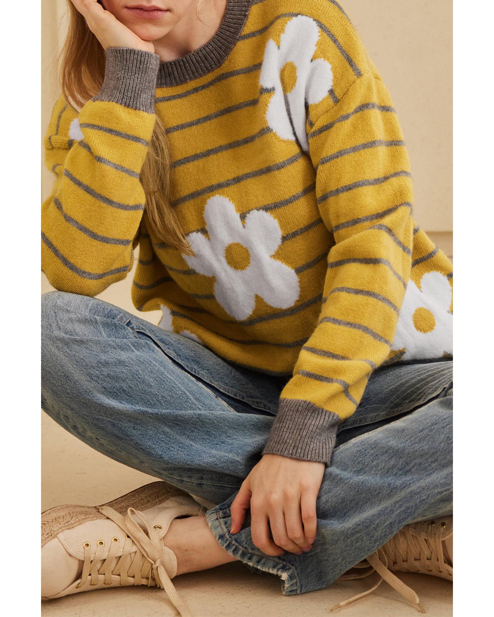 Yellow Stripe Daisy Floral Knitted Round Neck Sweater - S 6
