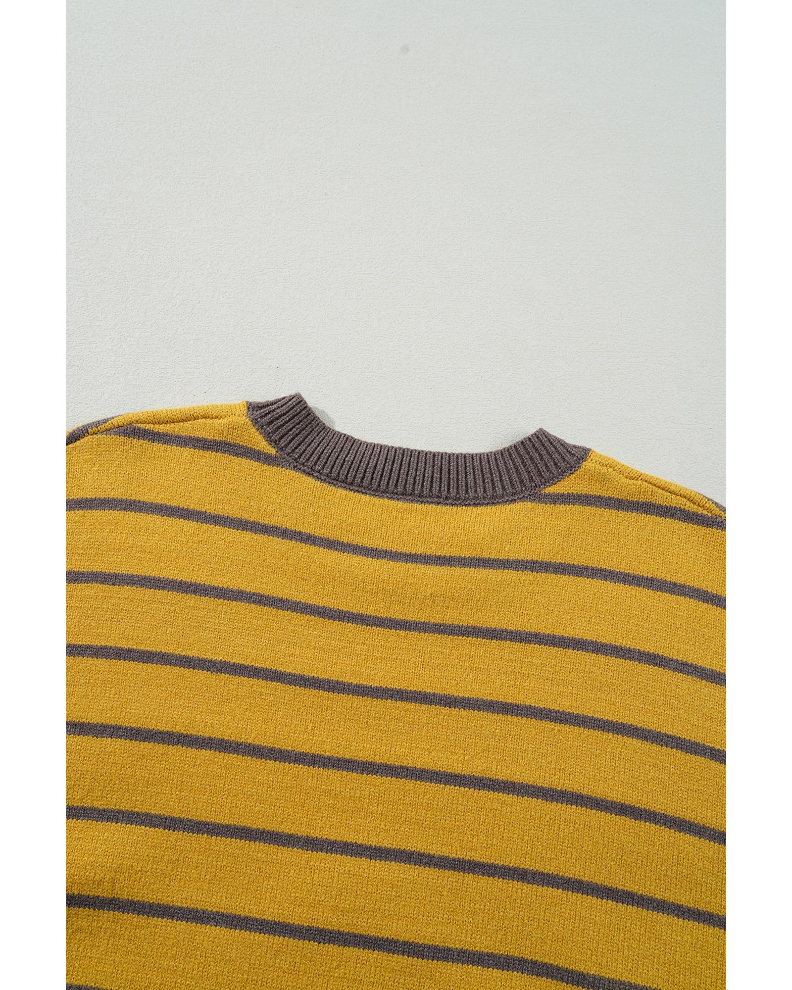Yellow Stripe Daisy Floral Knitted Round Neck Sweater - S 8