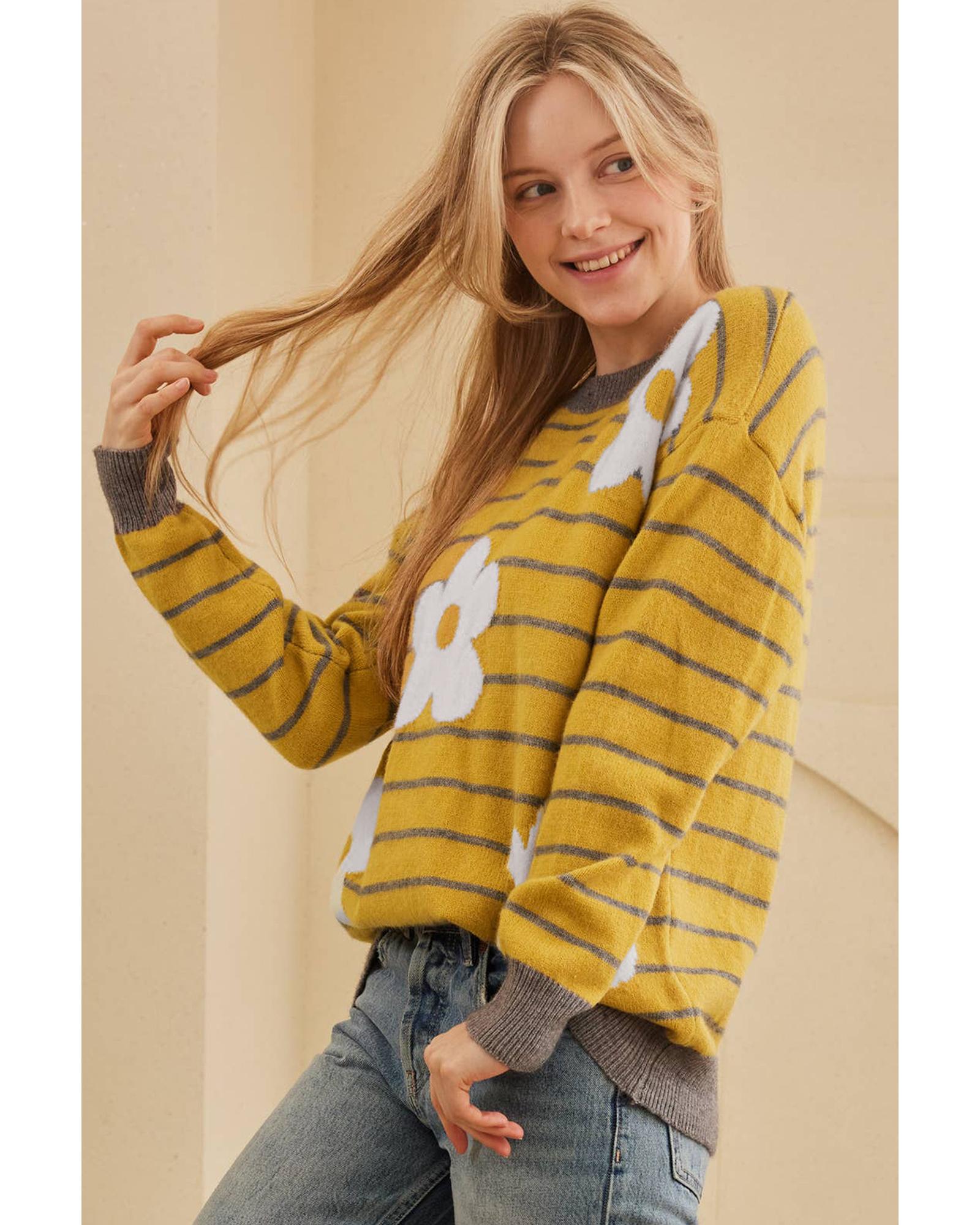 Yellow Stripe Daisy Floral Knitted Round Neck Sweater - XL 7