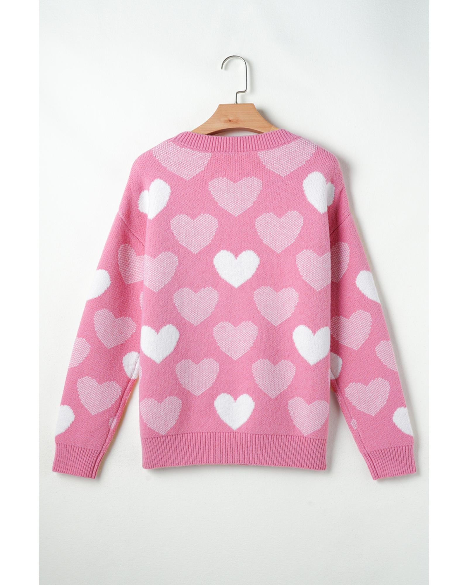 Pink Pearled Heart Print Valentines Crew Neck Sweater - M