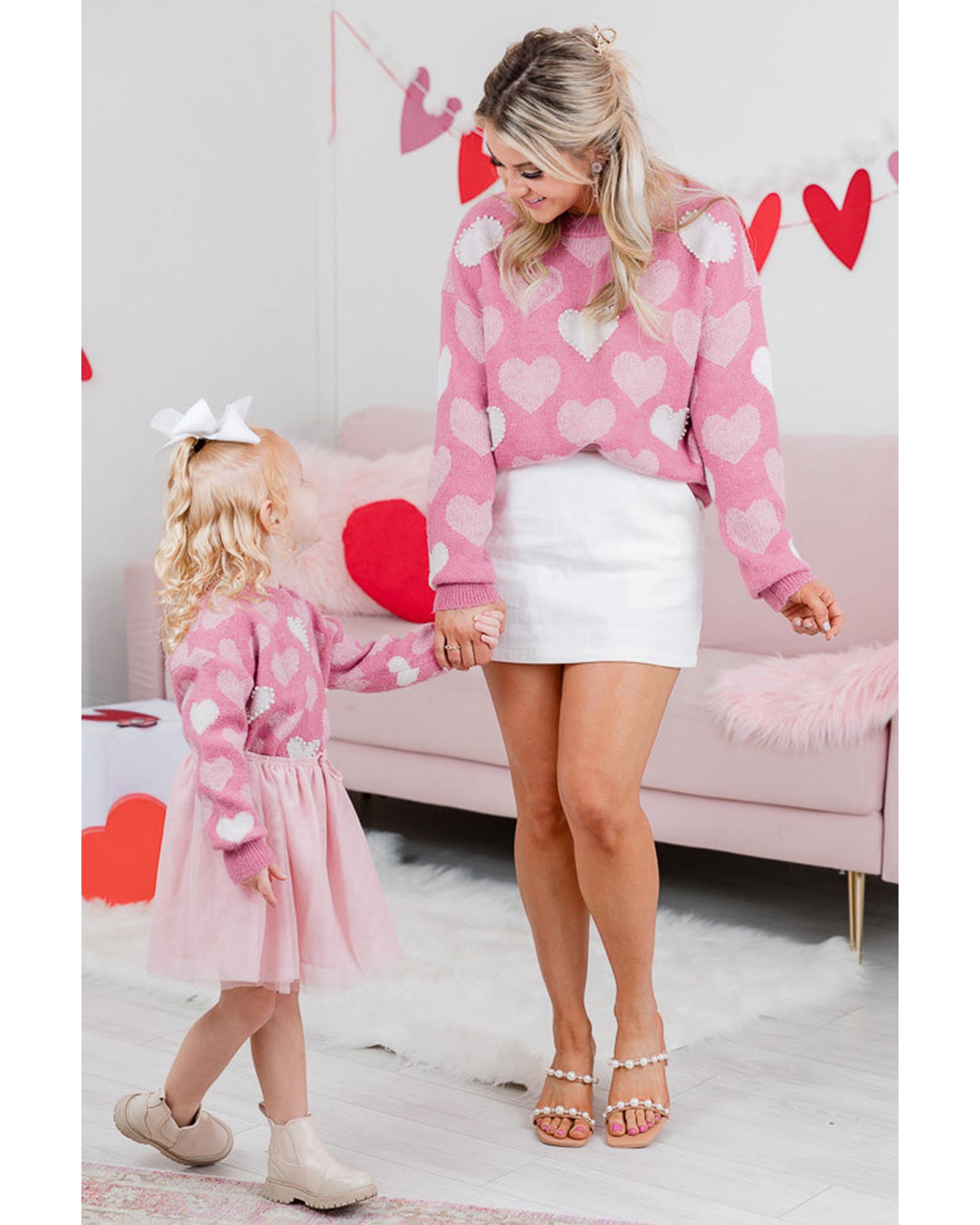 Pink Pearled Heart Print Valentines Crew Neck Sweater - S 8