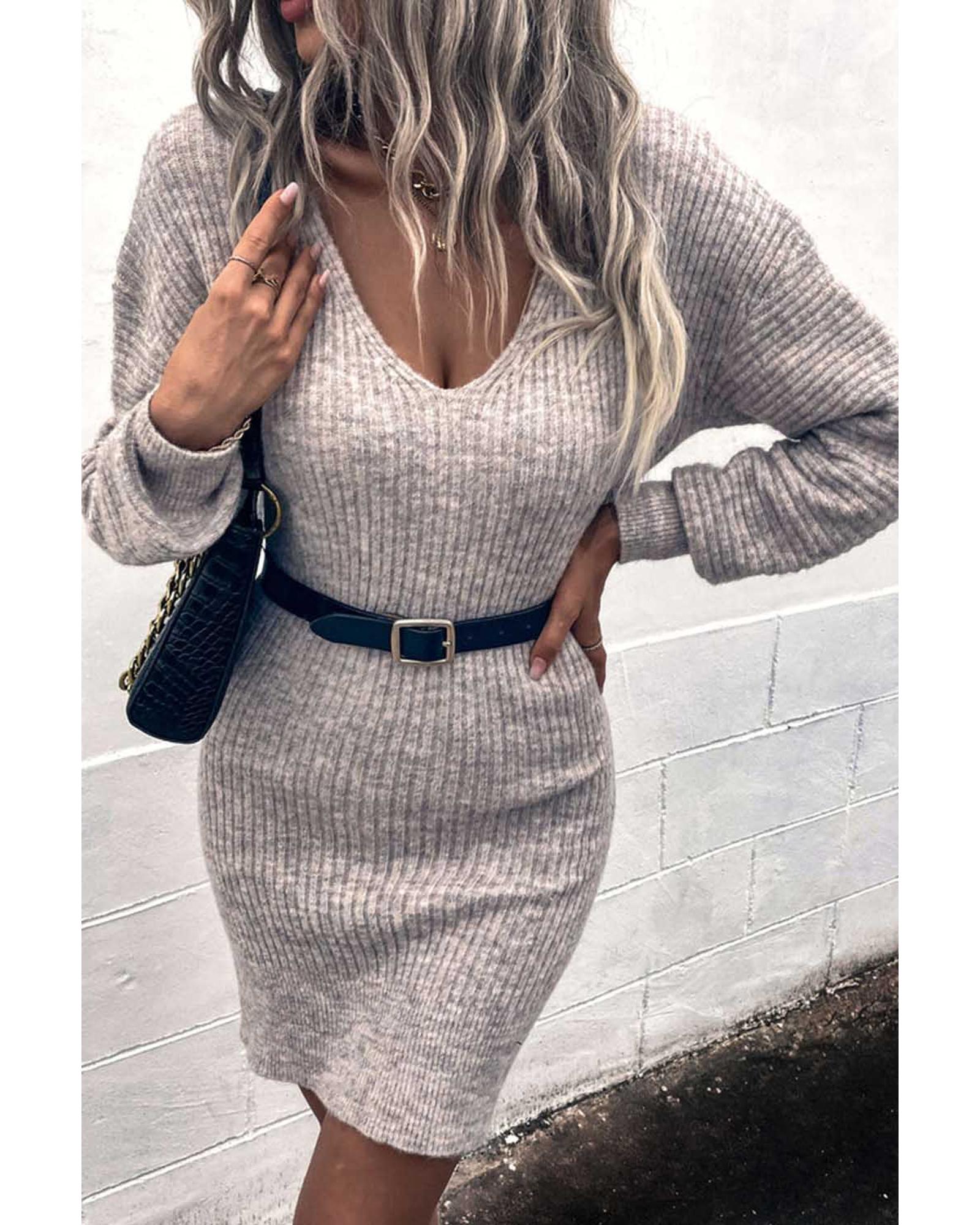 Gray V Neck Bodycon Sweater Dress - M 3