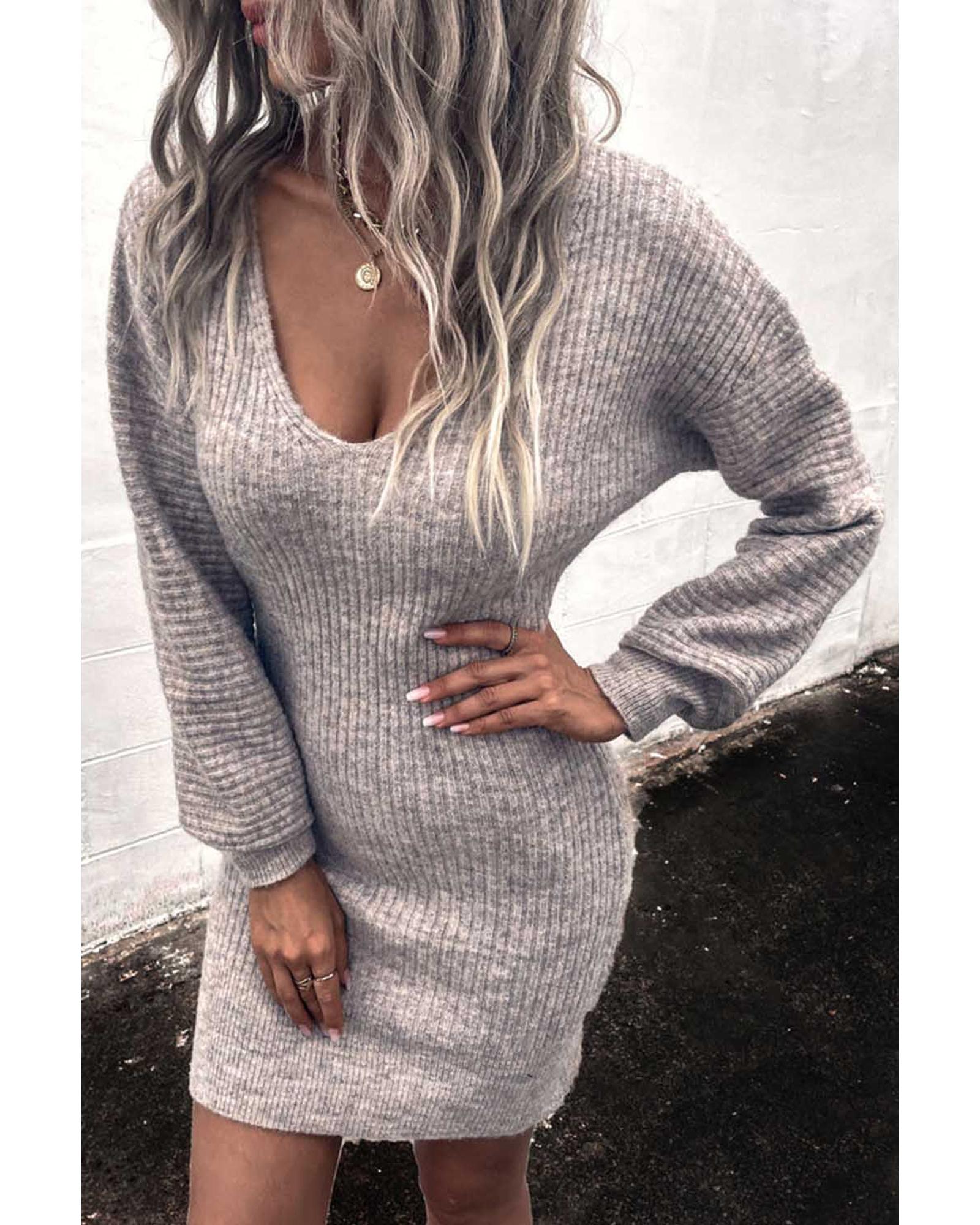 Gray V Neck Bodycon Sweater Dress - XL 5