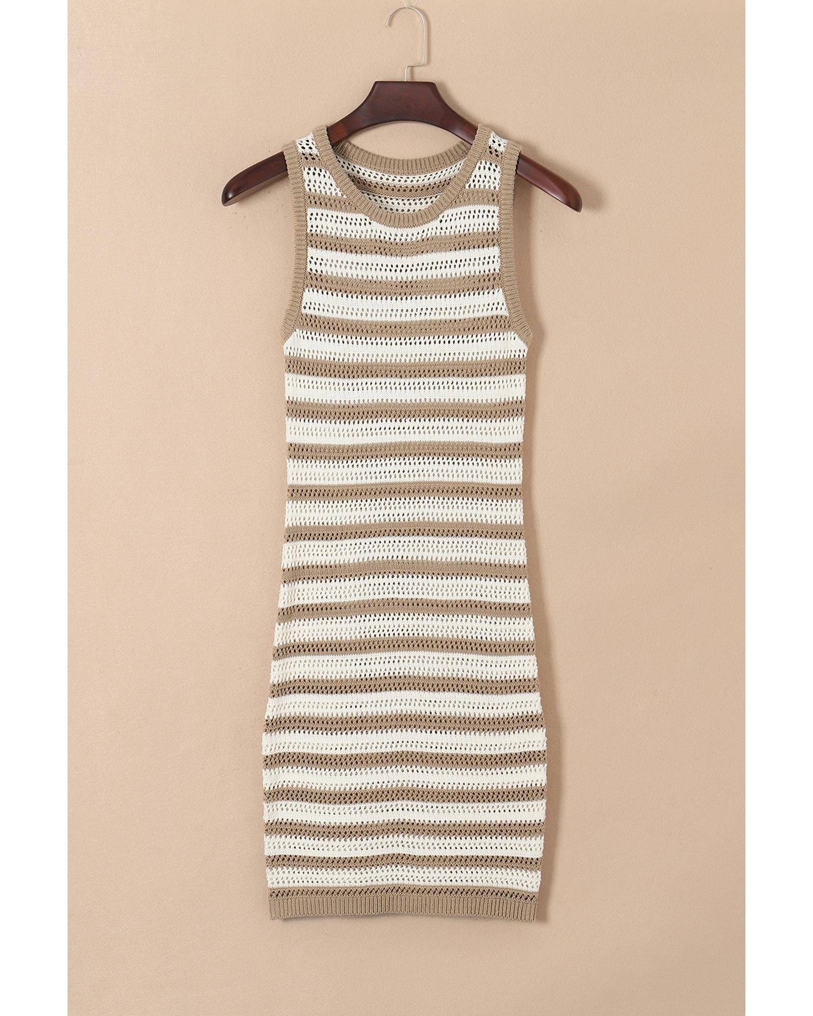 Khaki Stripe Hollowed Knit Sleeveless Sweater Dress - S 4