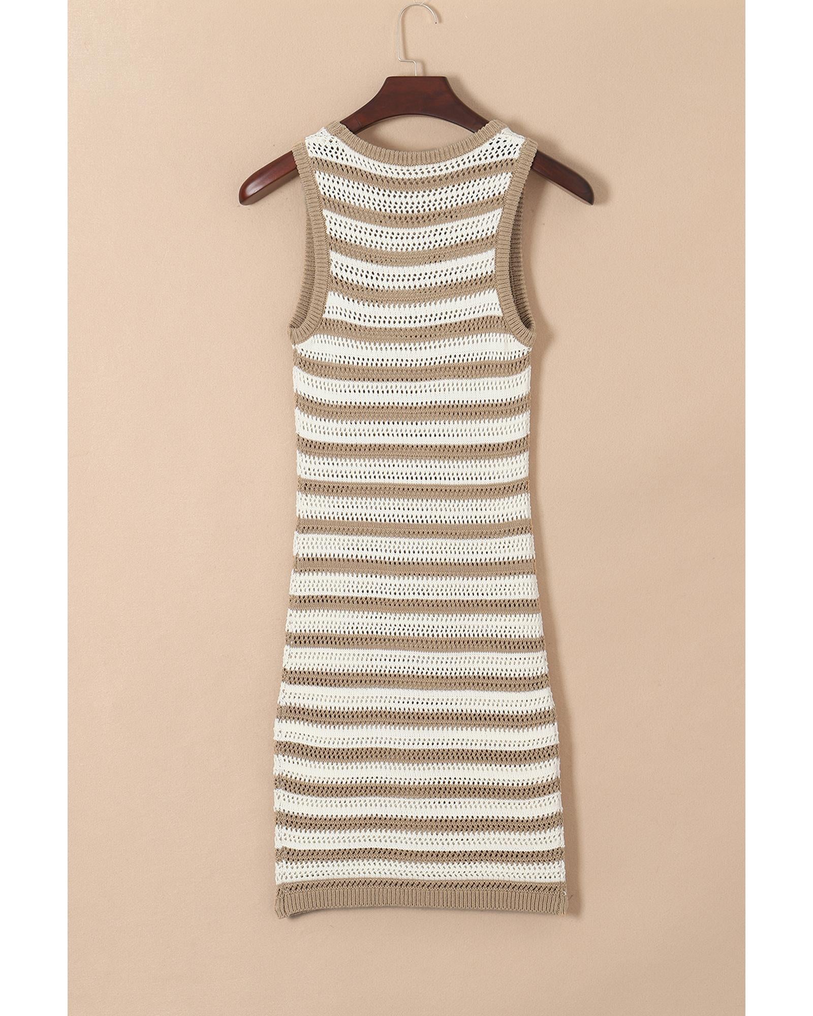 Khaki Stripe Hollowed Knit Sleeveless Sweater Dress - S 5