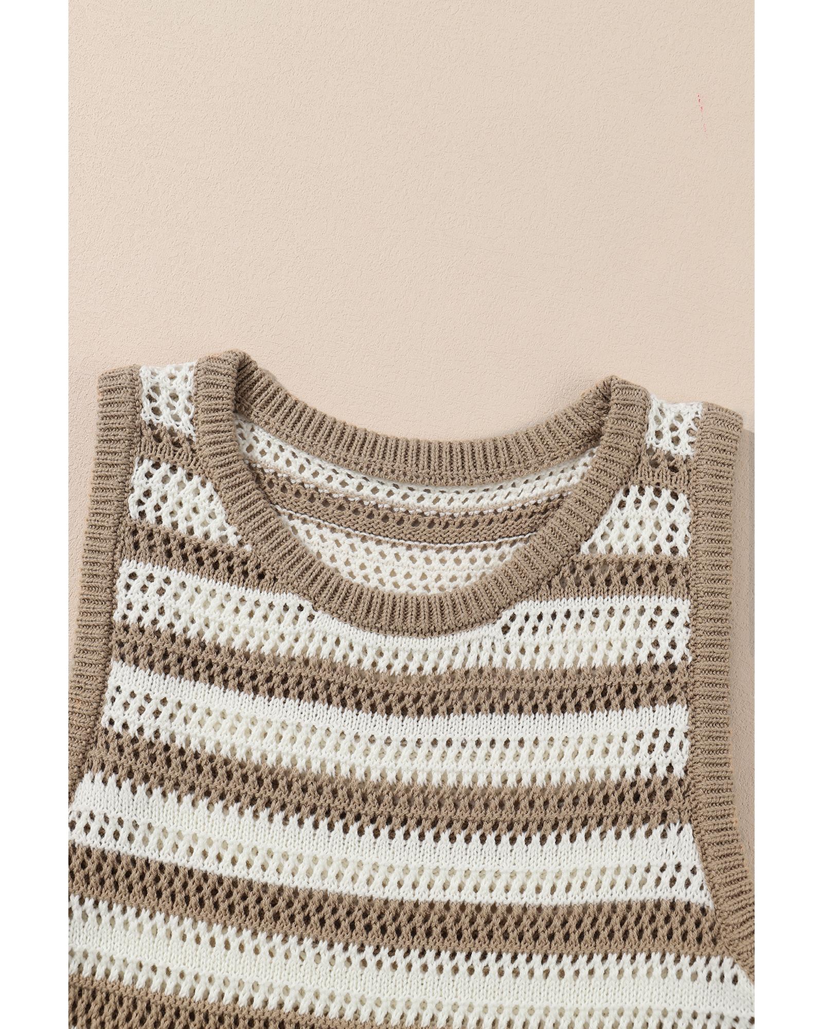 Khaki Stripe Hollowed Knit Sleeveless Sweater Dress - S 6