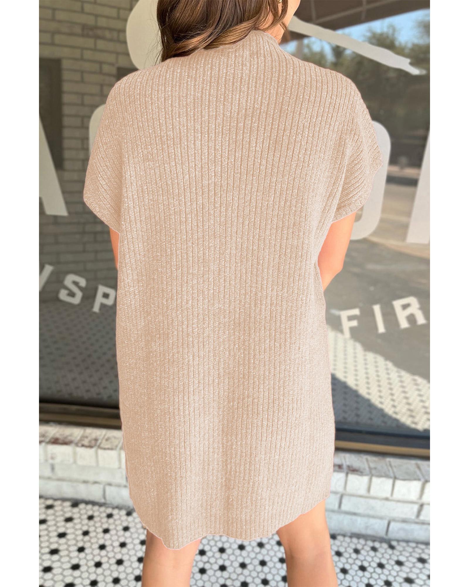 Oatmeal Patch Pocket Ribbed Knit Short Sleeve Sweater Dress - L 3