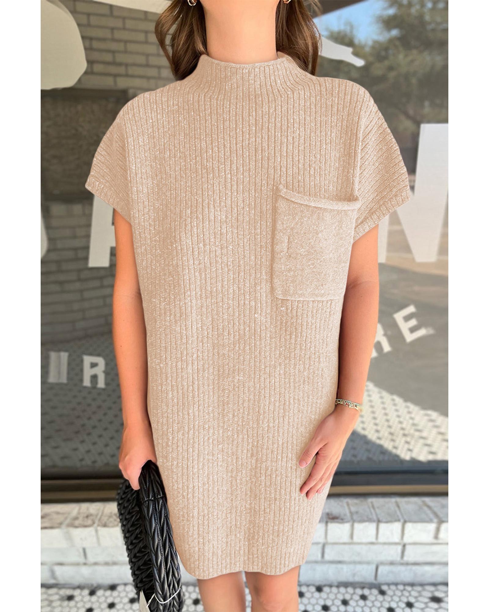 Oatmeal Patch Pocket Ribbed Knit Short Sleeve Sweater Dress - L 5