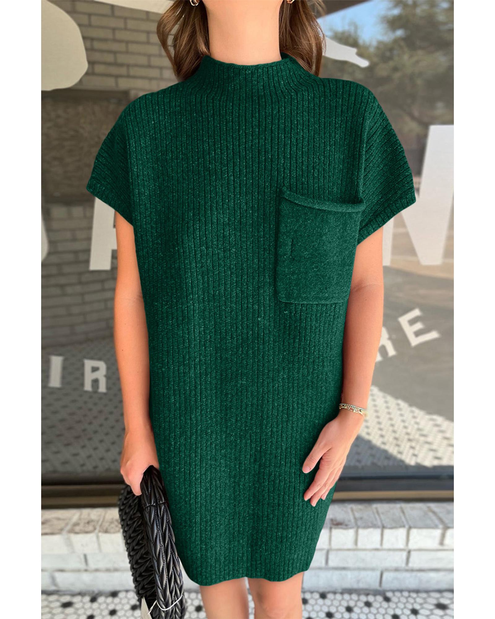 Blackish Green Patch Pocket Ribbed Knit Short Sleeve Sweater Dress - L 3