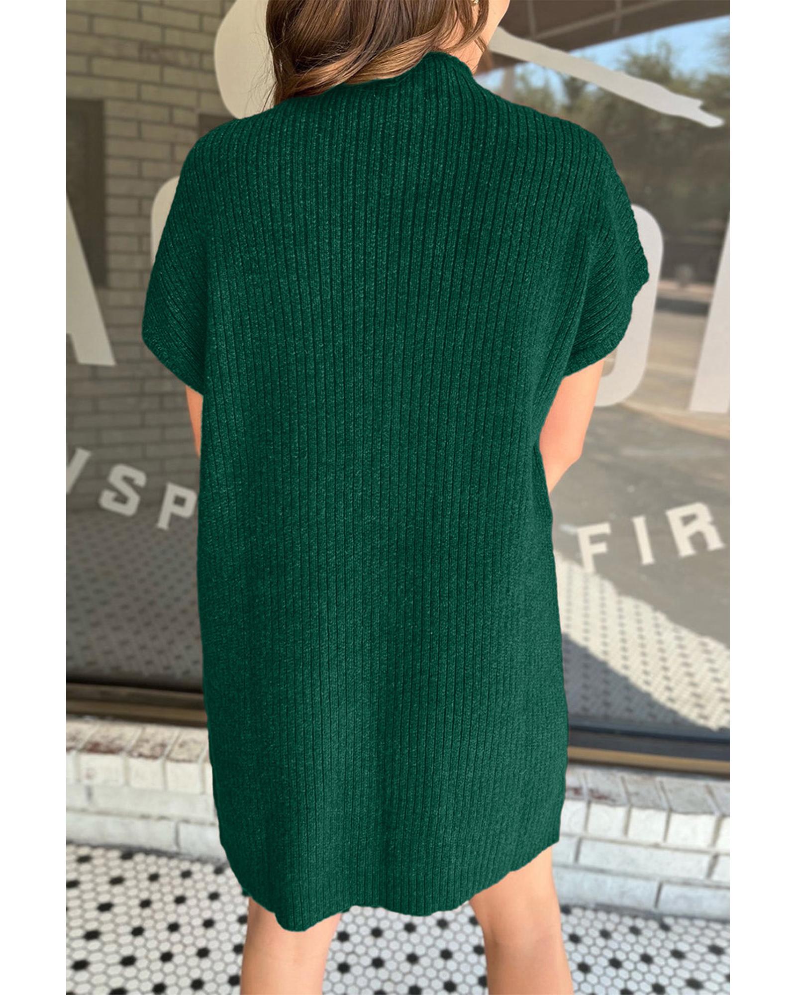 Blackish Green Patch Pocket Ribbed Knit Short Sleeve Sweater Dress - L 4