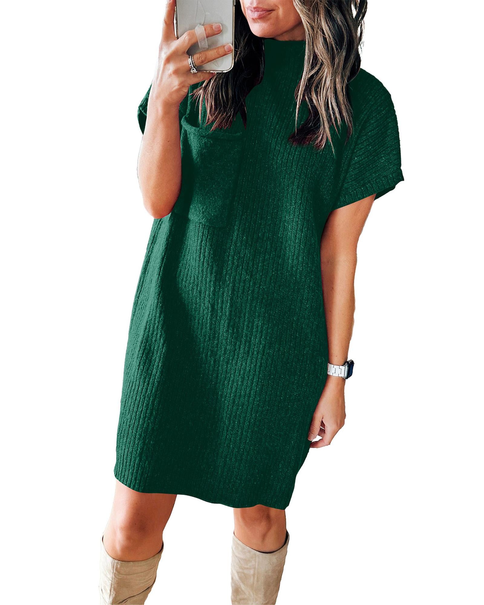 Blackish Green Patch Pocket Ribbed Knit Short Sleeve Sweater Dress - M 5