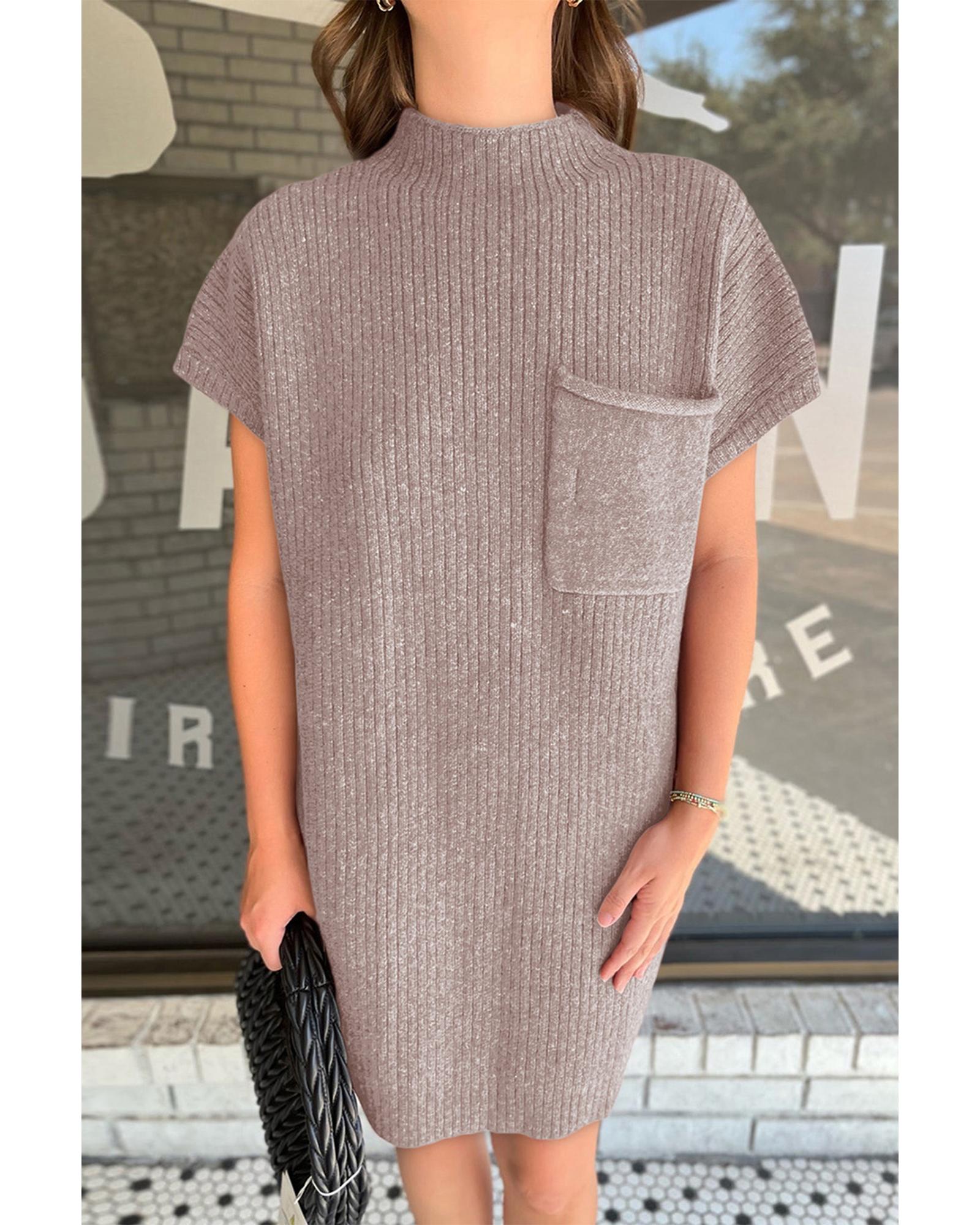 Simply Taupe Patch Pocket Ribbed Knit Short Sleeve Sweater Dress - L 5