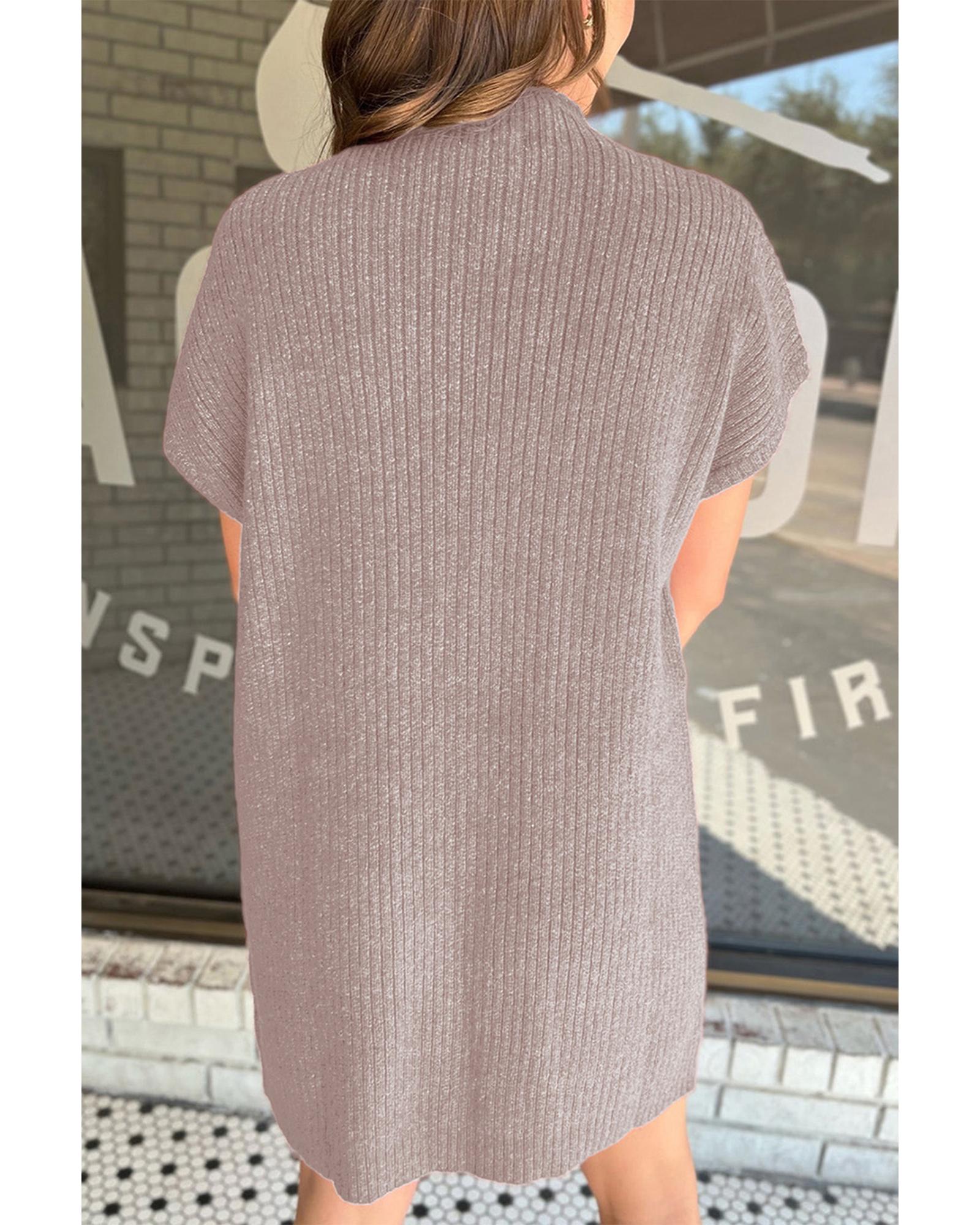 Simply Taupe Patch Pocket Ribbed Knit Short Sleeve Sweater Dress - M