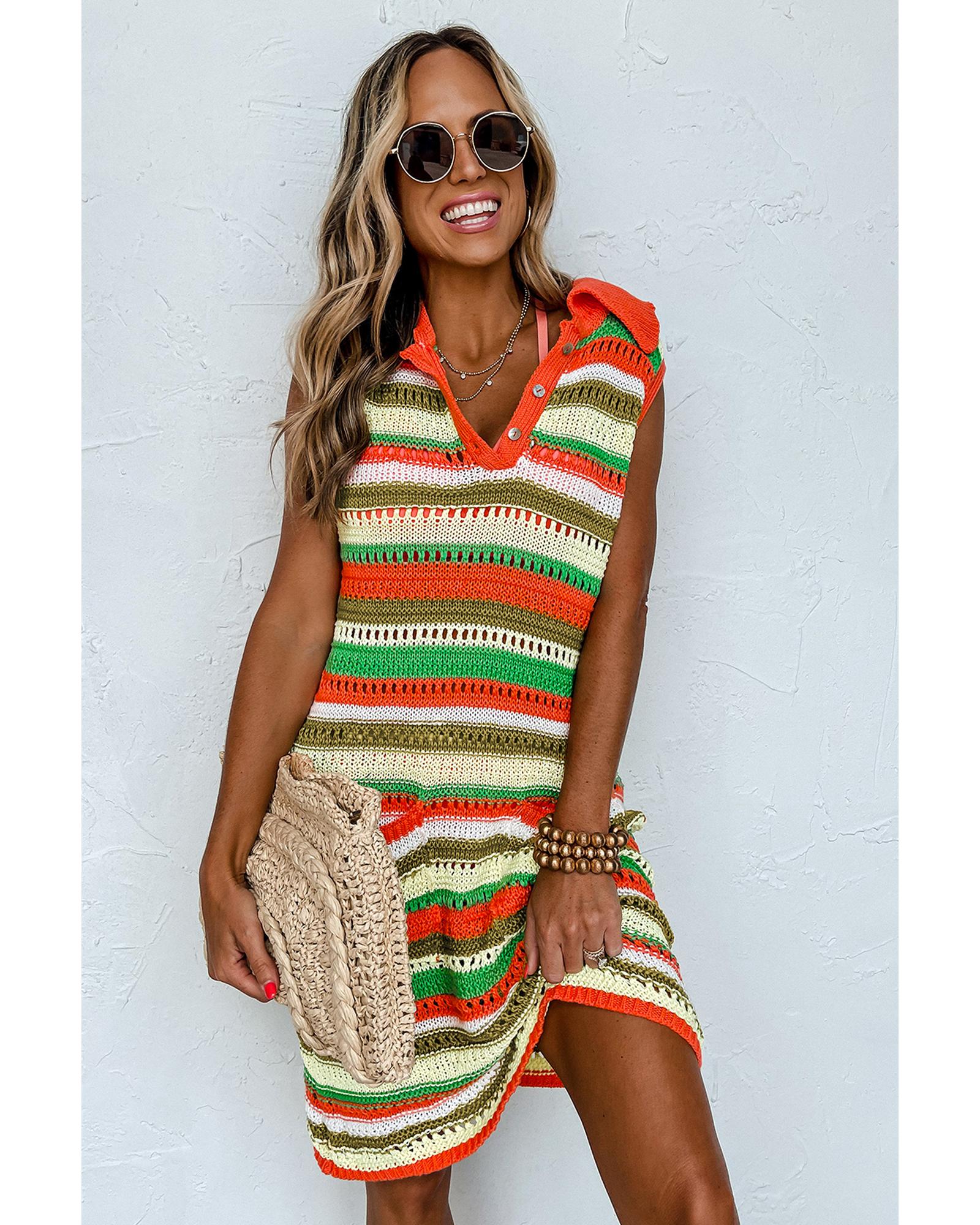 Yellow Stripe Eyelet Sleeveless Buttoned Split Neck Sweater Dress - XL 5