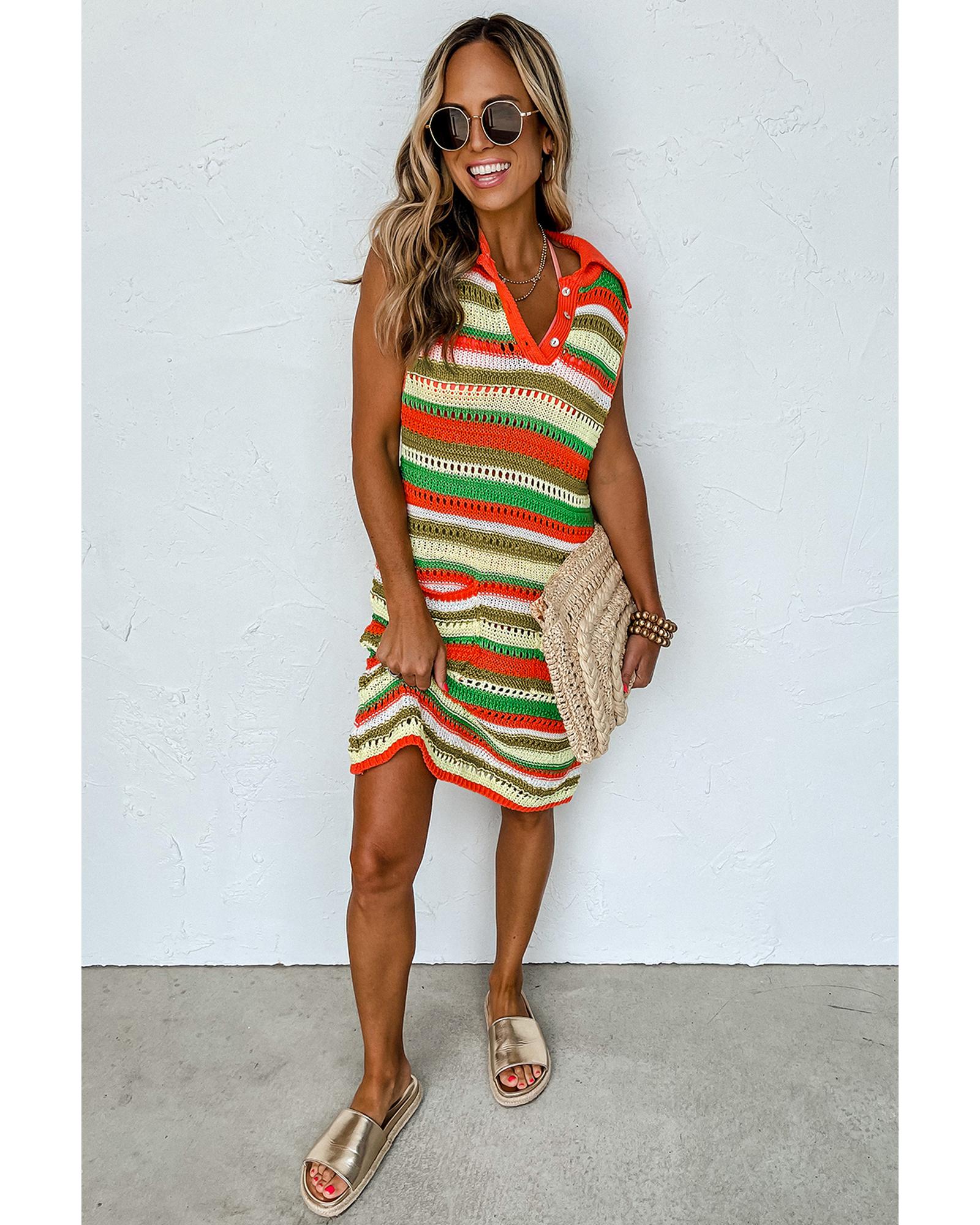 Yellow Stripe Eyelet Sleeveless Buttoned Split Neck Sweater Dress - XL 6