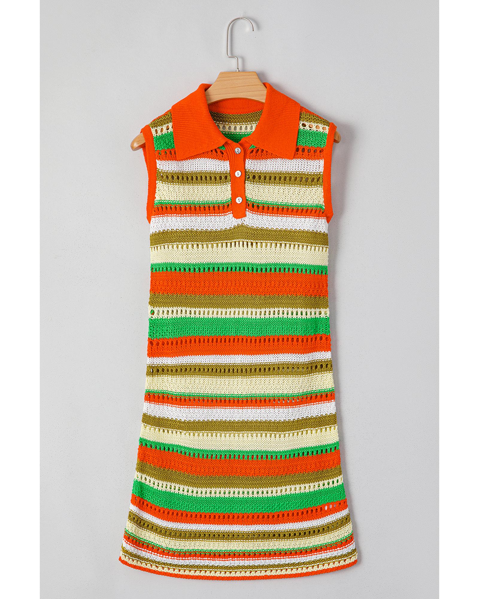 Yellow Stripe Eyelet Sleeveless Buttoned Split Neck Sweater Dress - XL 7