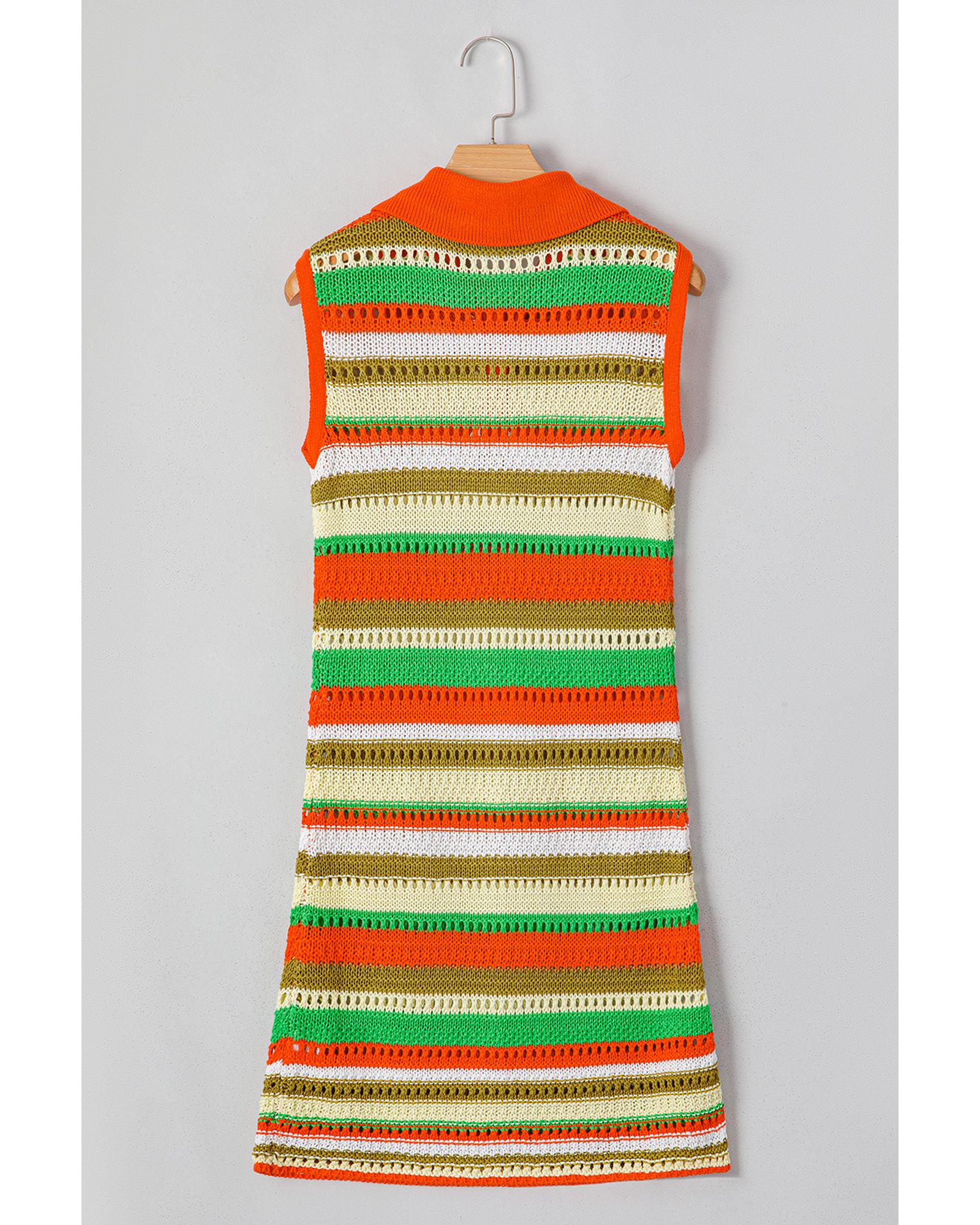Yellow Stripe Eyelet Sleeveless Buttoned Split Neck Sweater Dress - XL 8
