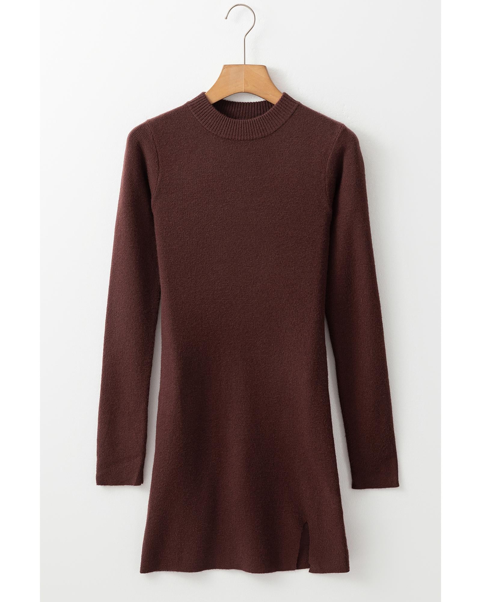 Coffee Slim Fit Mock Neck Side Slit Sweater Dress - L 7