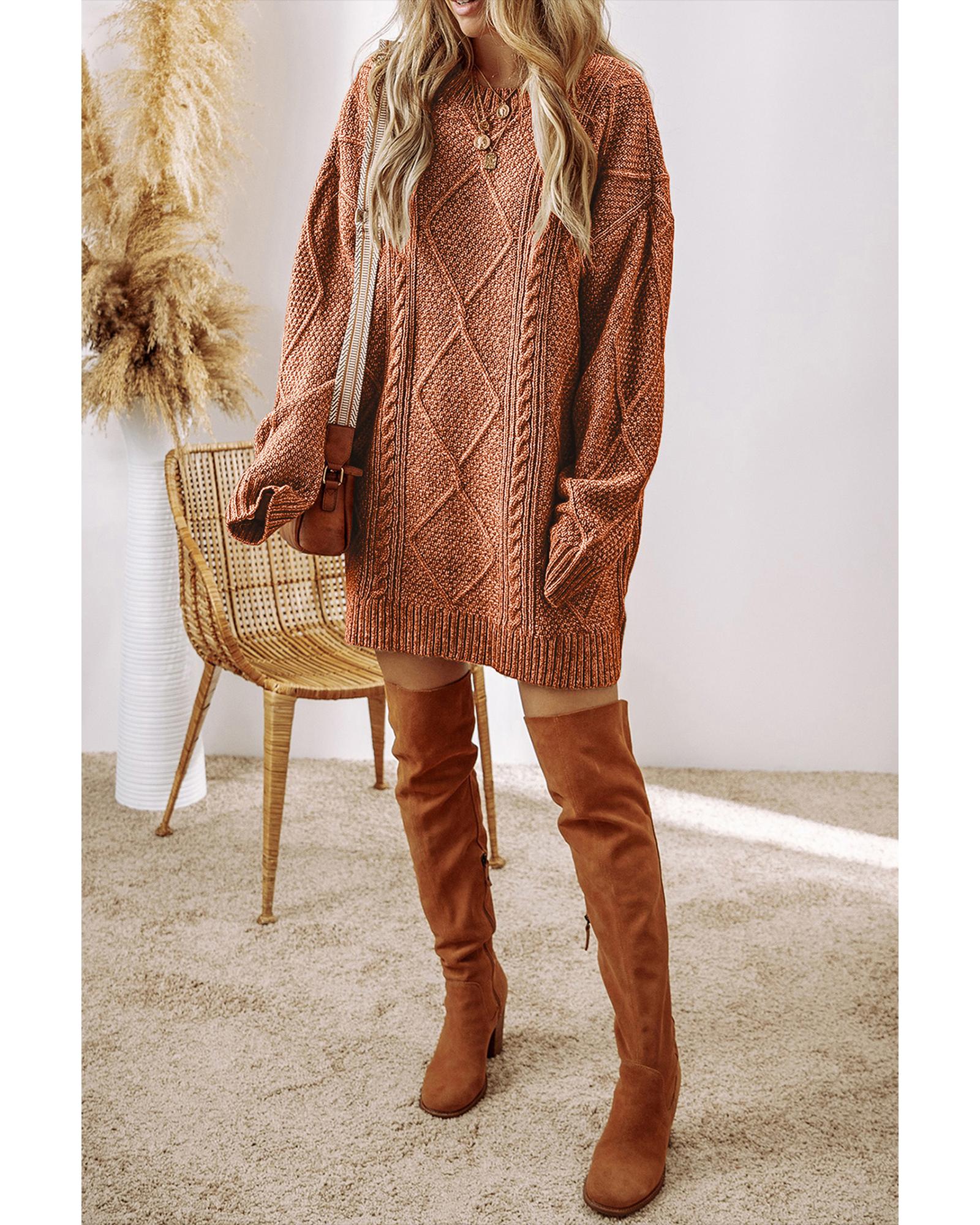 Coffee Cable Knit Drop Shoulder Loose Fit Sweater Dress - M 6