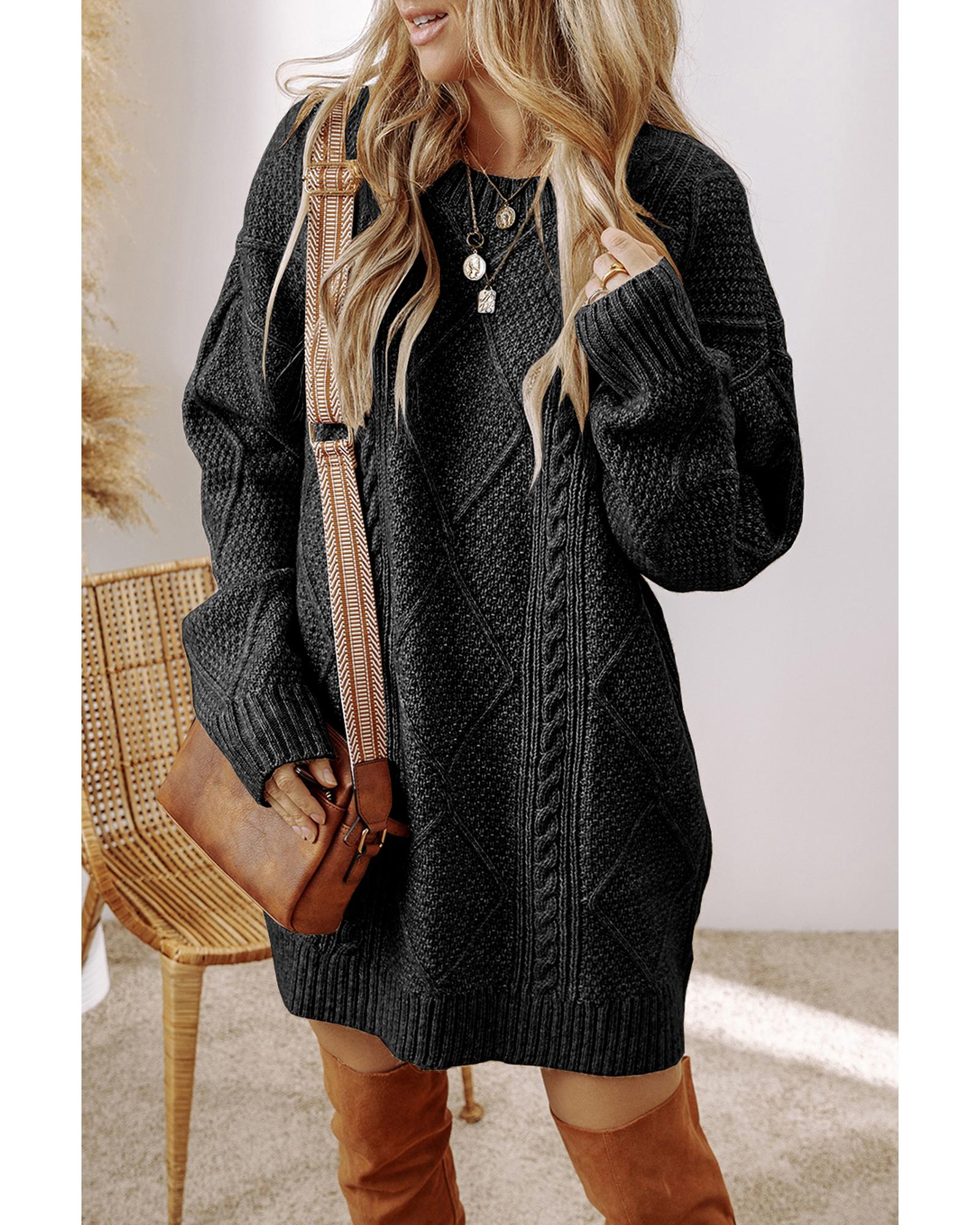 Black Cable Knit Drop Shoulder Loose Fit Sweater Dress - L 7