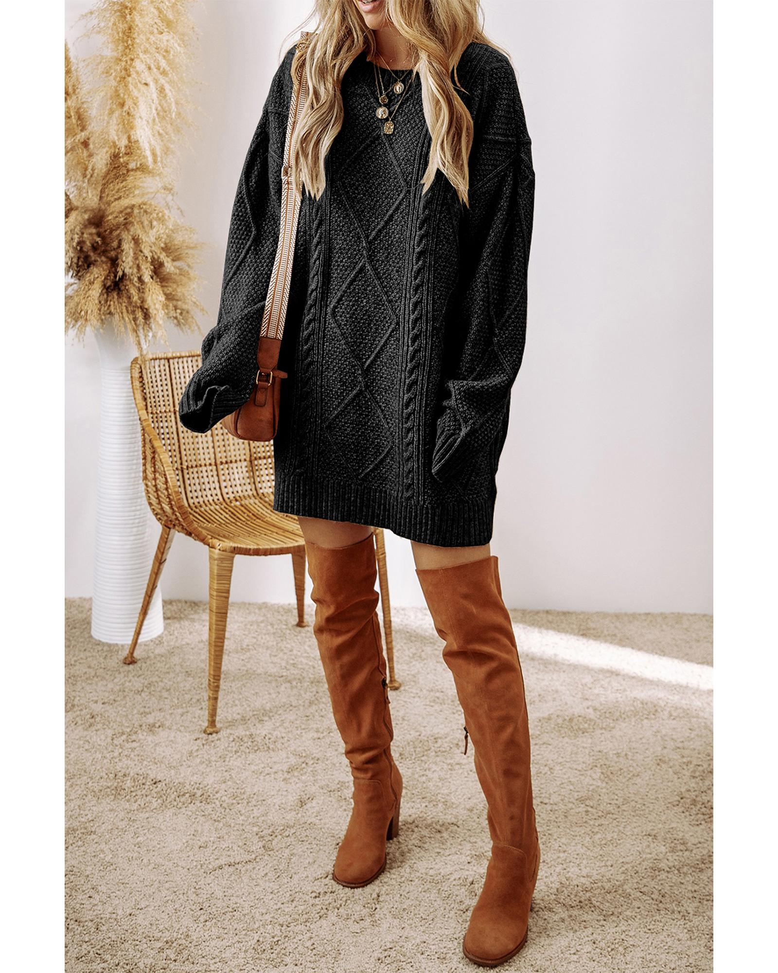 Black Cable Knit Drop Shoulder Loose Fit Sweater Dress - XL 6