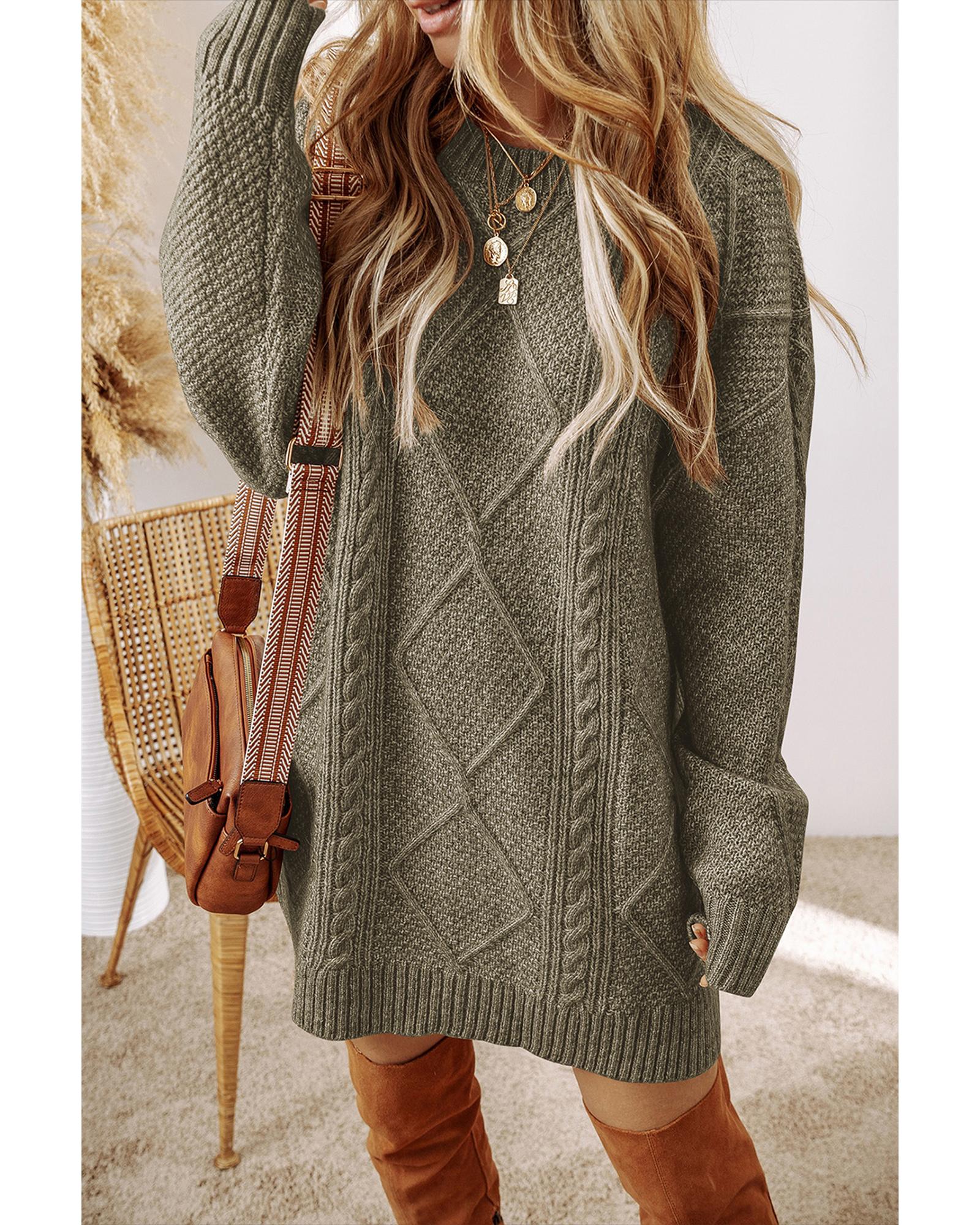 Mist Green Cable Knit Drop Shoulder Loose Fit Sweater Dress - M 6