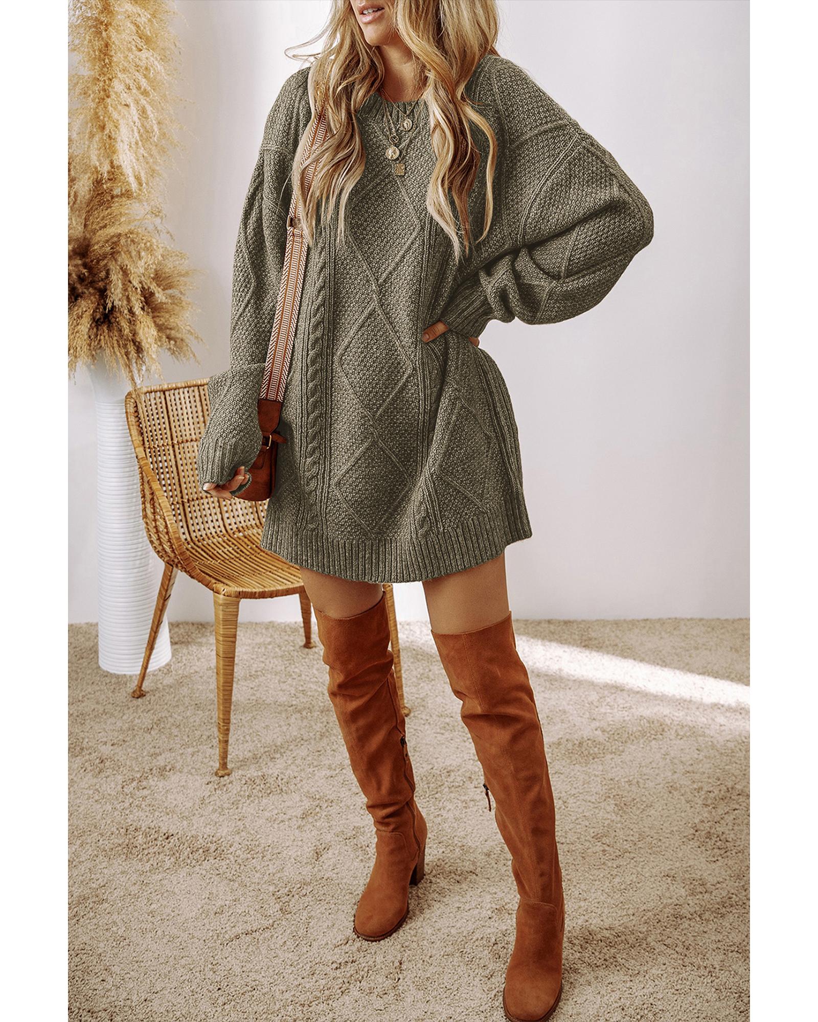 Mist Green Cable Knit Drop Shoulder Loose Fit Sweater Dress - XL 6