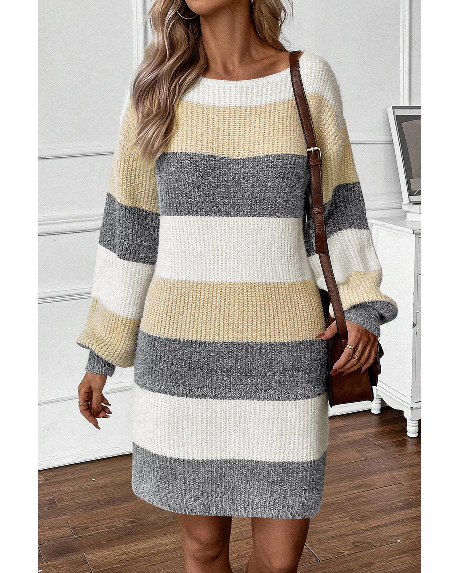 Gray Stripe Colorblock Bubble Sleeve Drop Shoulder Sweater Dress - L 3