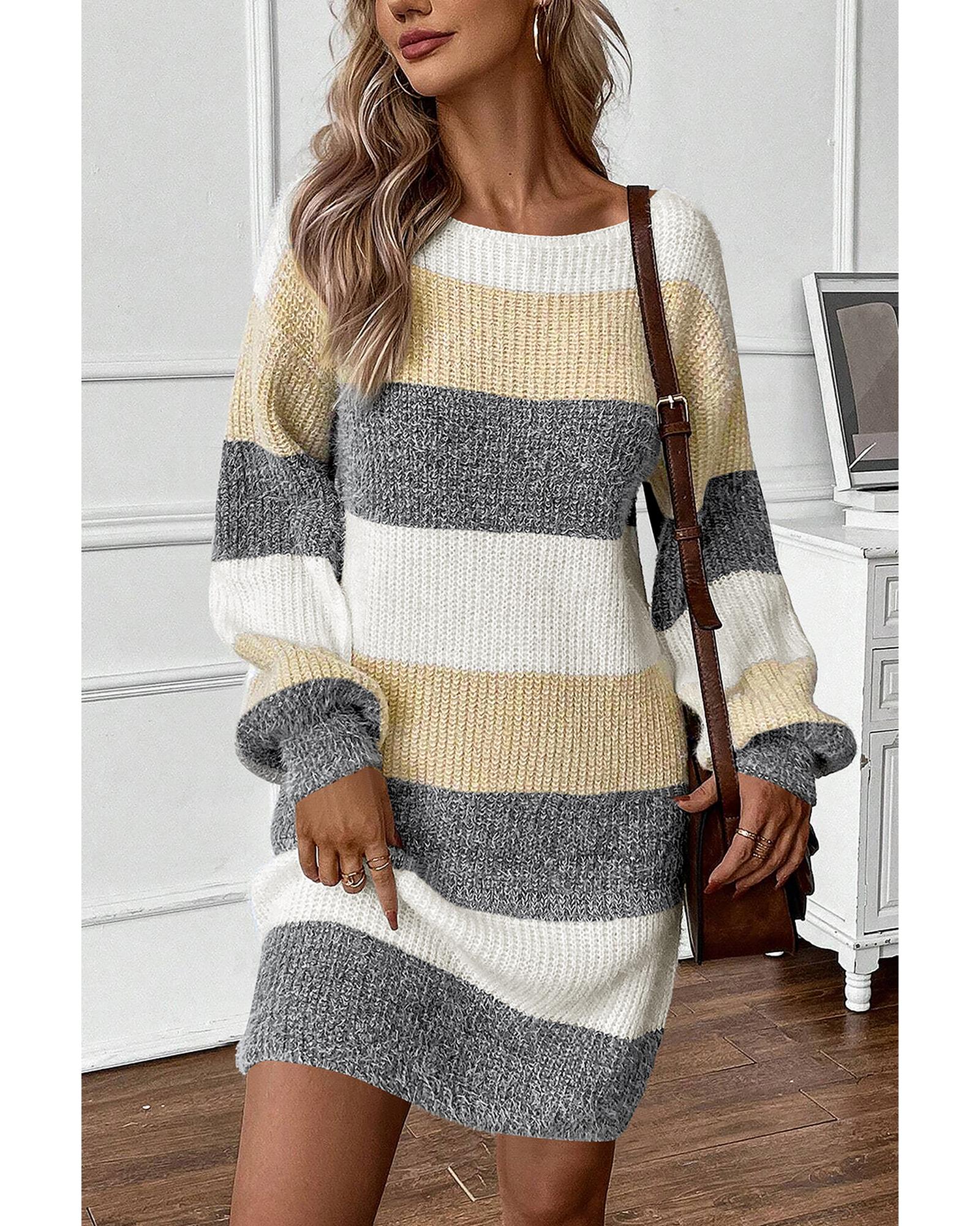 Gray Stripe Colorblock Bubble Sleeve Drop Shoulder Sweater Dress - L 8