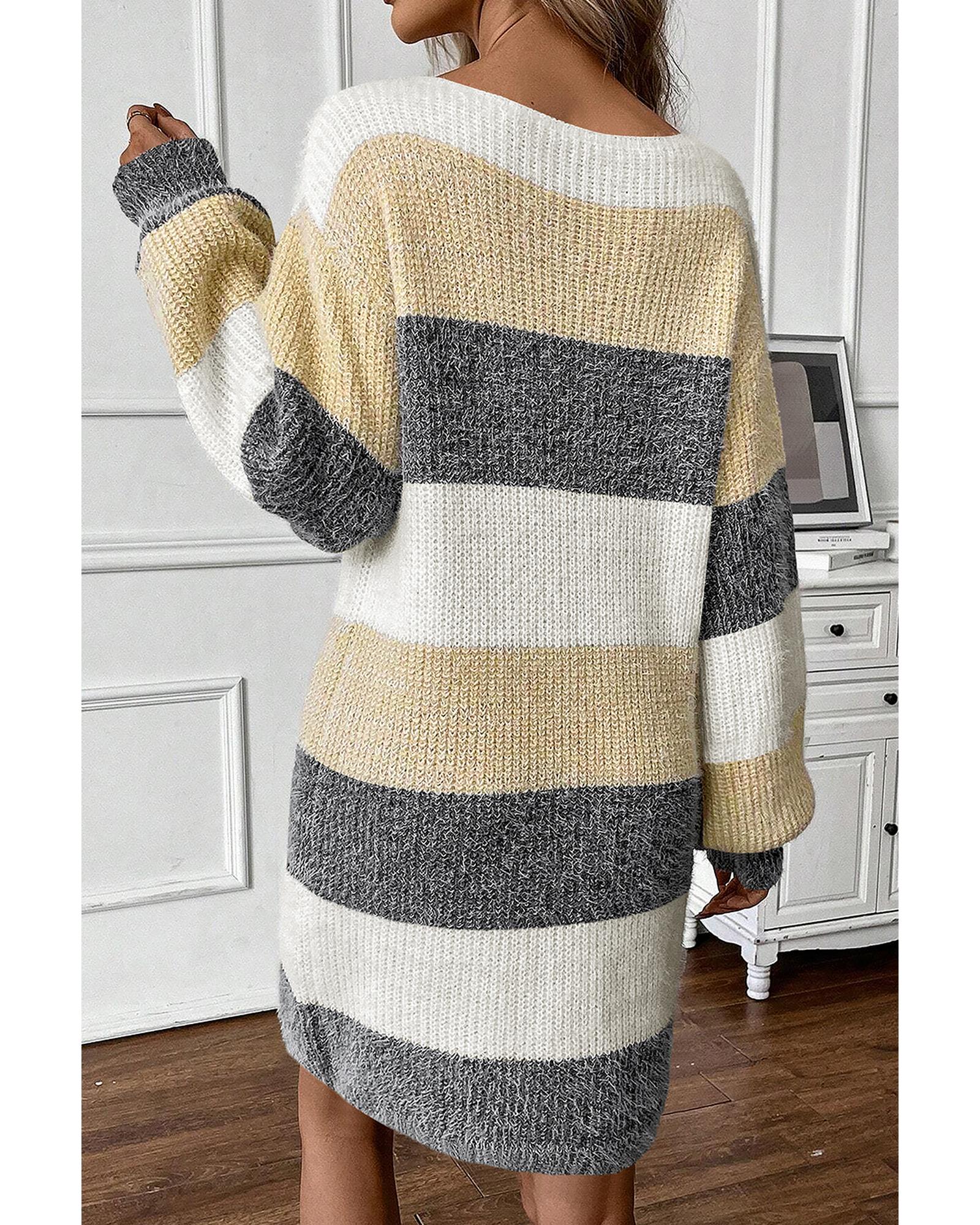 Gray Stripe Colorblock Bubble Sleeve Drop Shoulder Sweater Dress - M 4