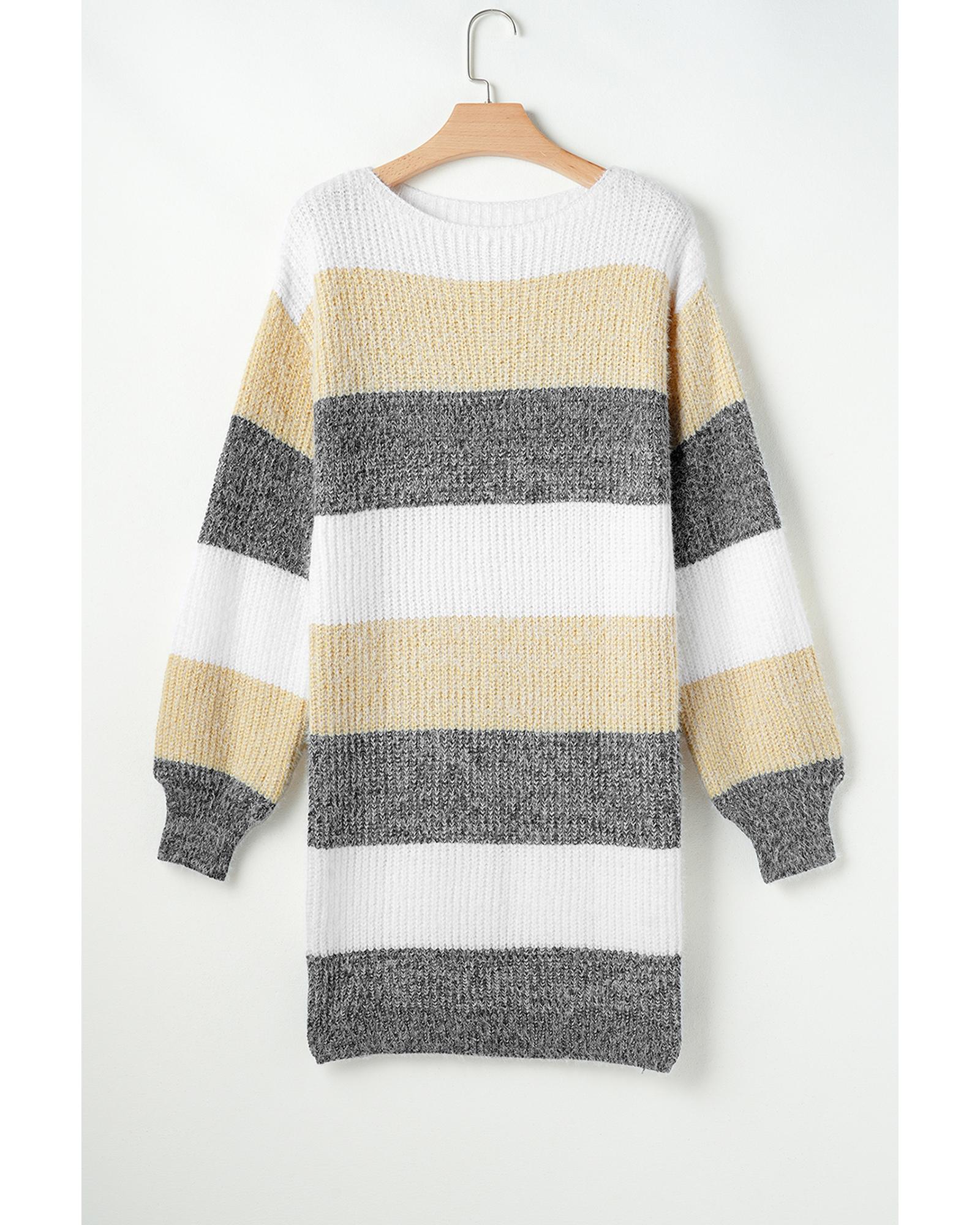 Gray Stripe Colorblock Bubble Sleeve Drop Shoulder Sweater Dress - XL 5