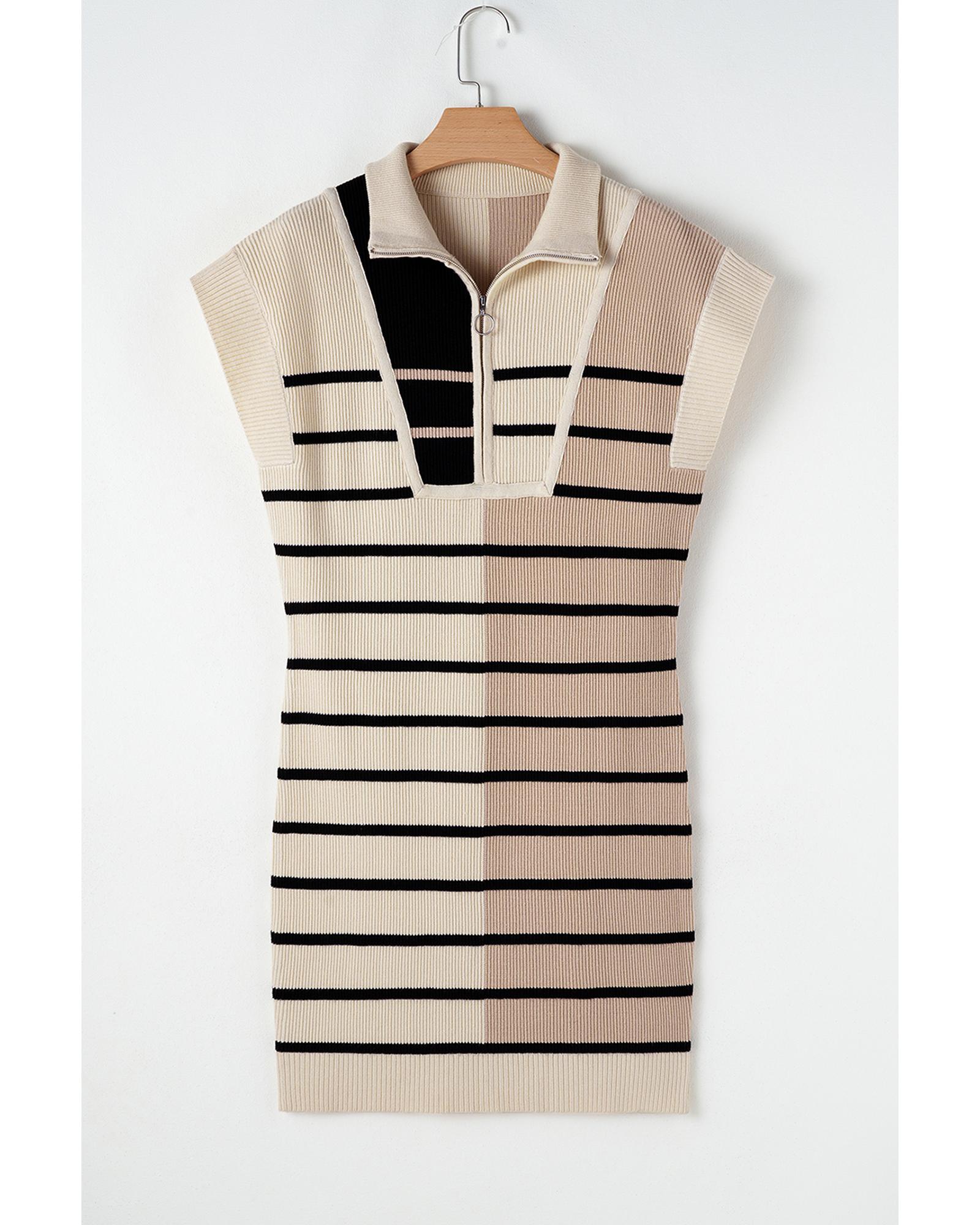 Khaki Stripe Color Block Quarter Zip Collar Short Sleeve Sweater Dress - M 4