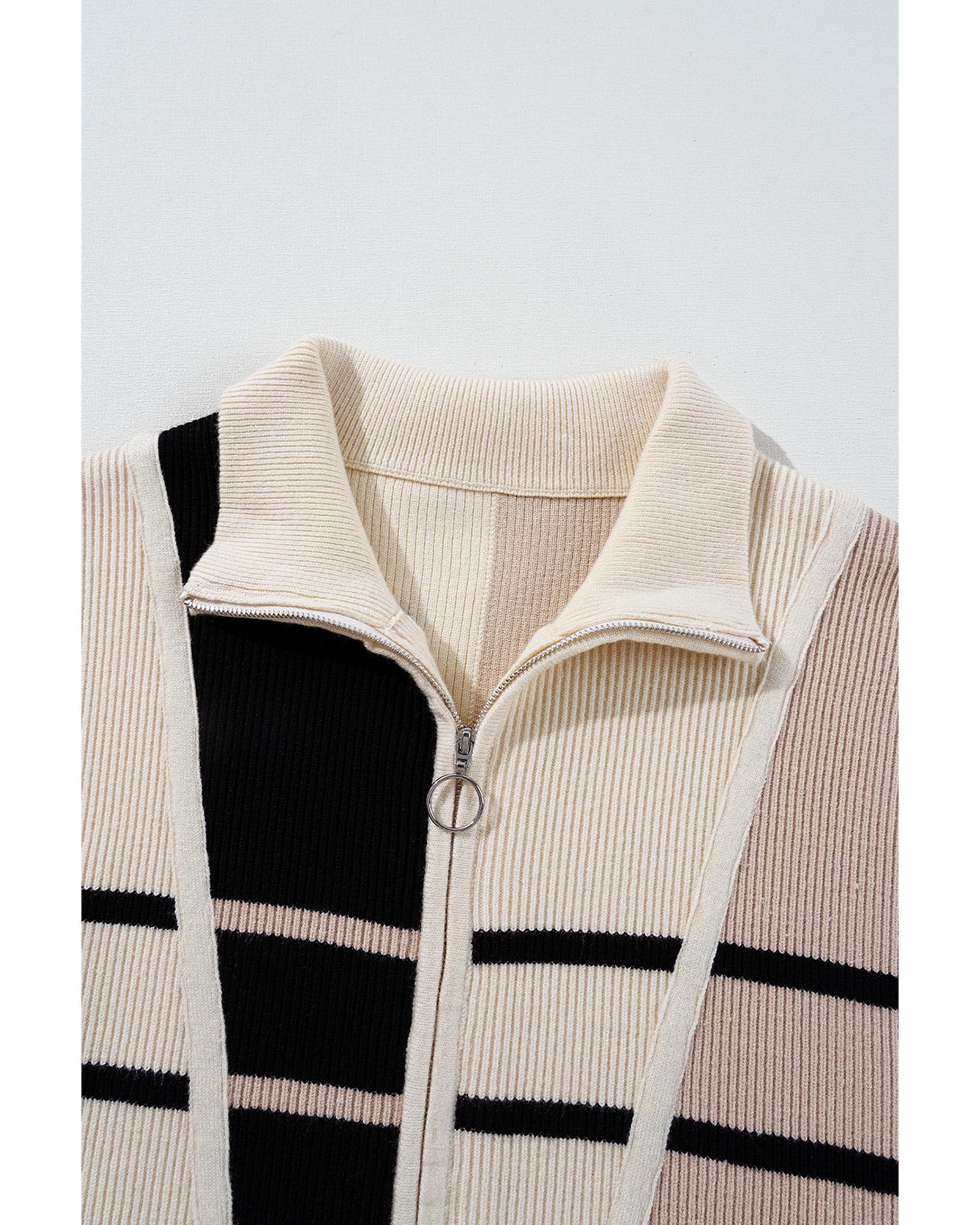 Khaki Stripe Color Block Quarter Zip Collar Short Sleeve Sweater Dress - S 3