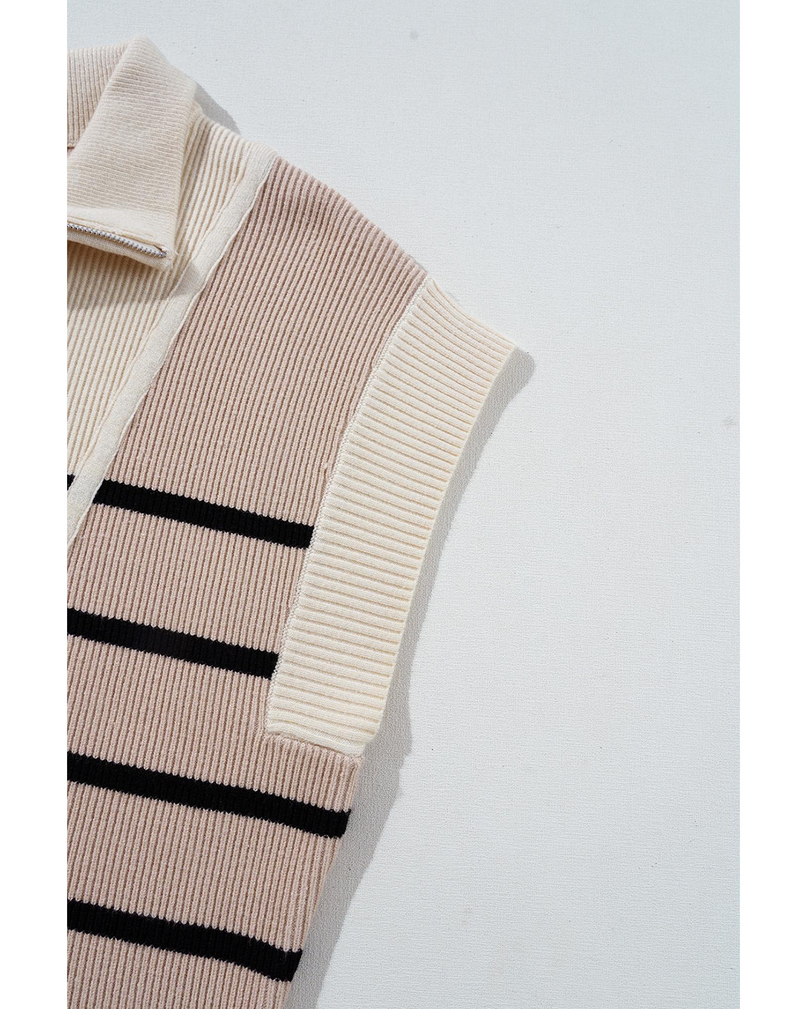 Khaki Stripe Color Block Quarter Zip Collar Short Sleeve Sweater Dress - S 6