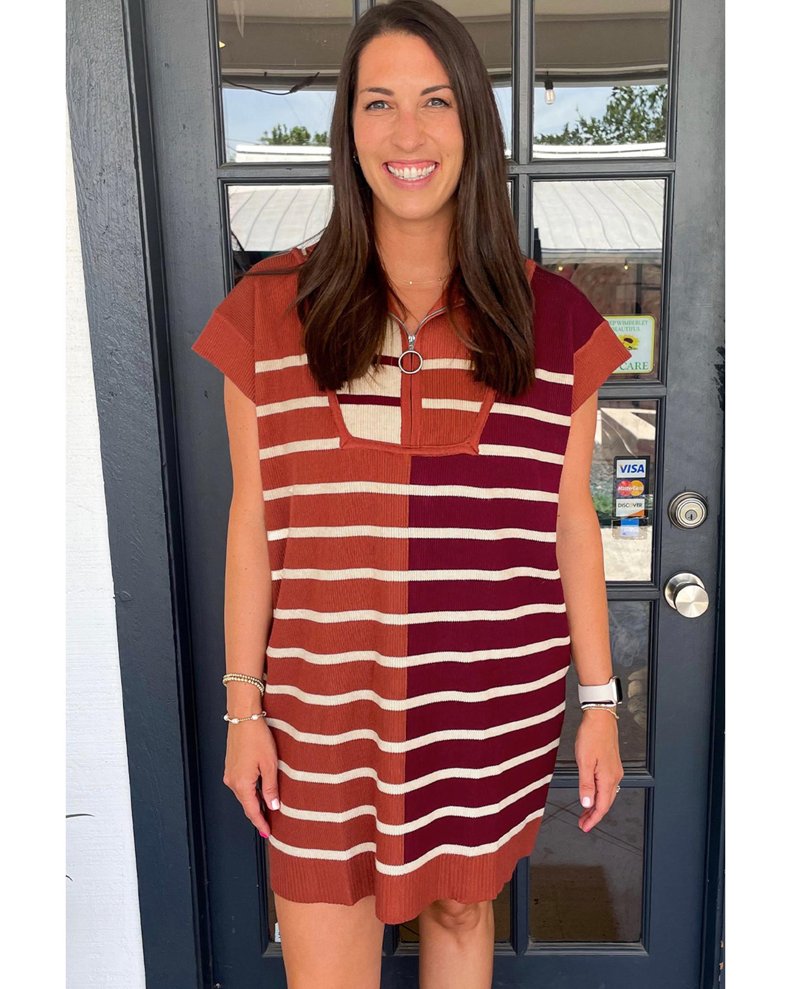 Brown Stripe Color Block Quarter Zip Collar Short Sleeve Sweater Dress - M 5